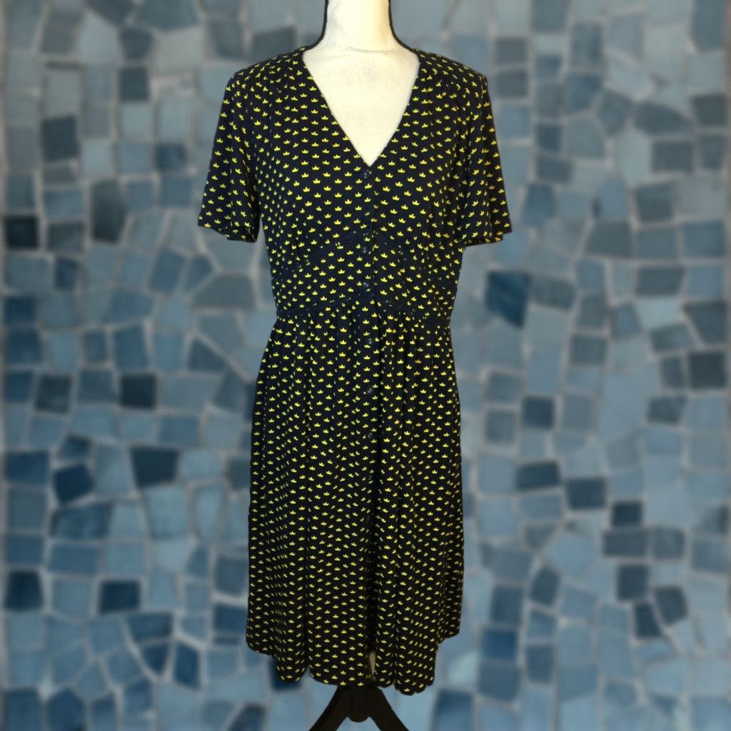 eShakti Midi Dress Women Size L Navy Yellow Crown Short Sleeve V-Neck Retro