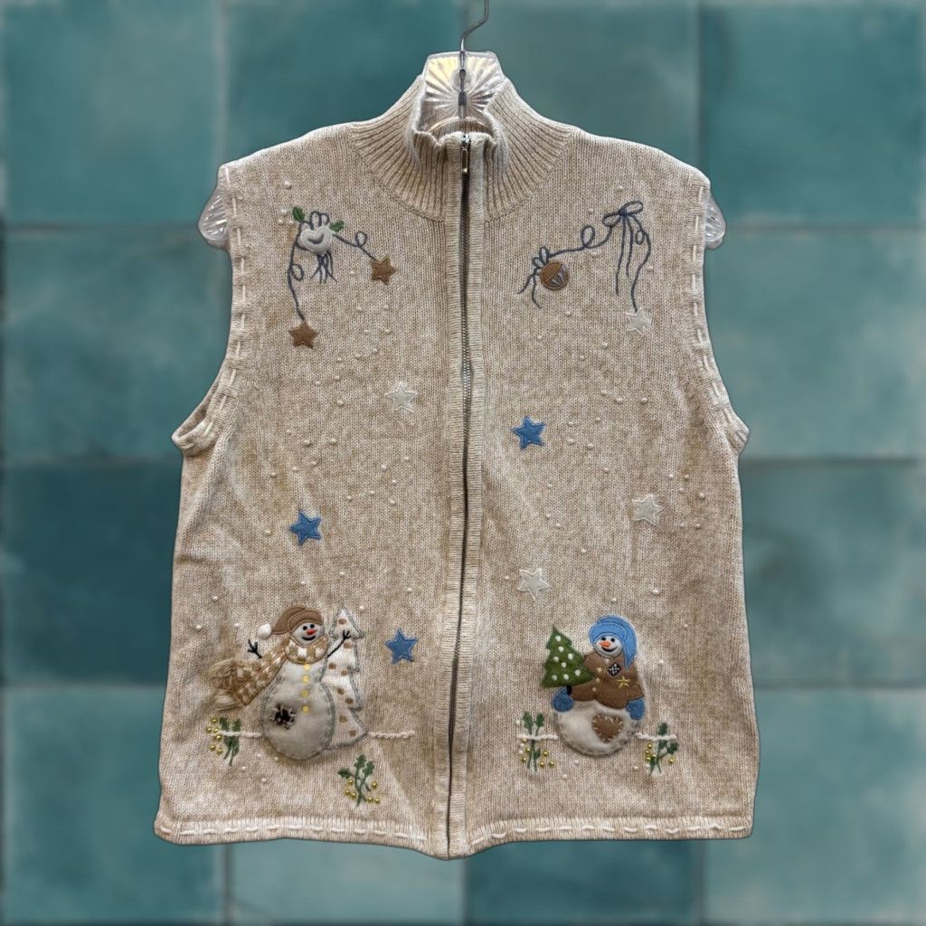 Vintage VINTAGE Pappagallo Christmas Sweater Vest Shirt Women Medium Beige Mock Neck Knit Snowman Winter Size M / US 6-8 / IT 42-44 - 1 Thumbnail