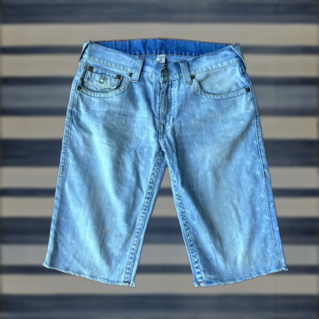 True Religion Y2K True Religion Mens Distressed Cut Off Jean Shorts 33 Blue Denim Distressed Front Flat Front Cargo Pockets Relaxed Casual Size US 33 - 1 Thumbnail