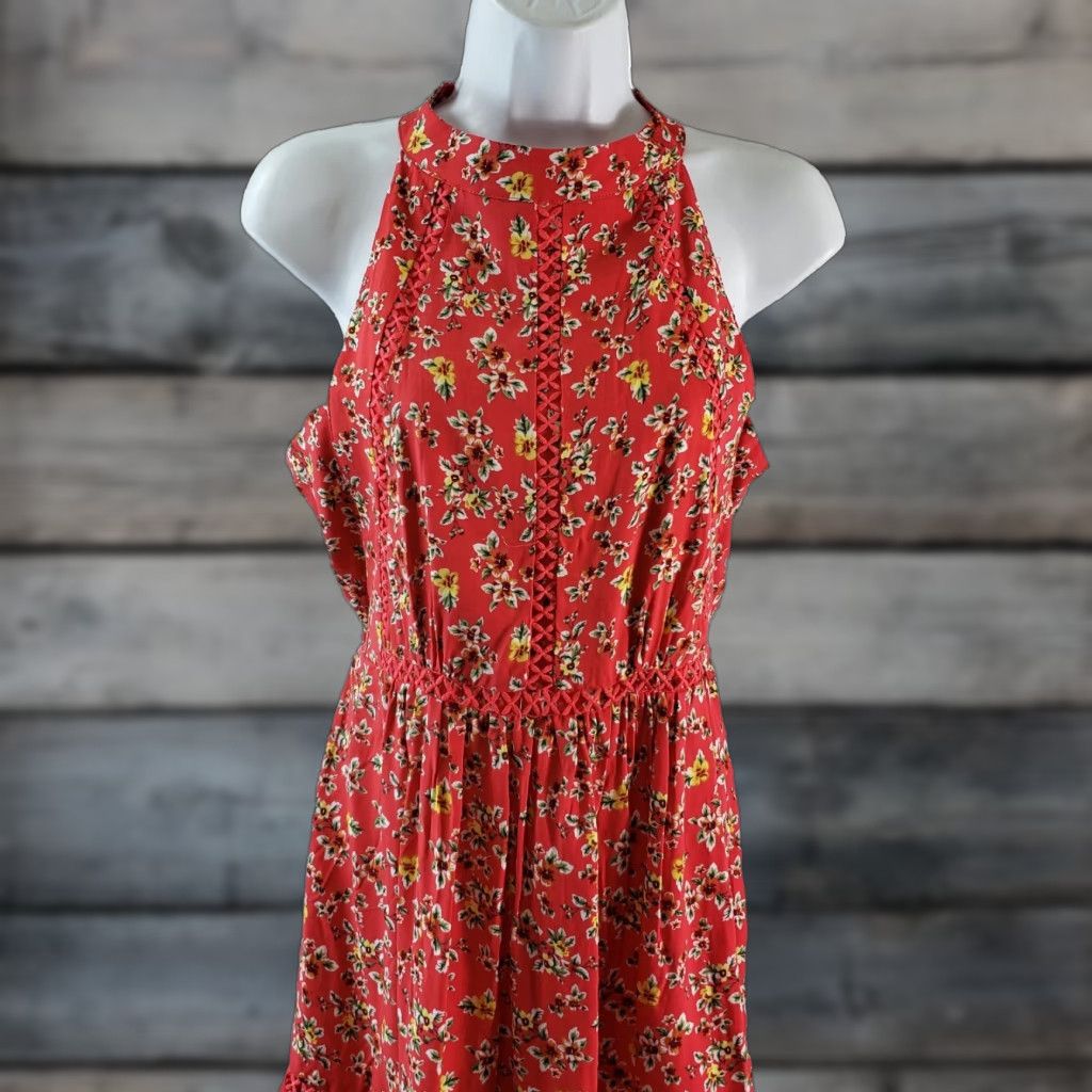 Vintage VINTAGE Sunday Mi Amor Womens Halter Dress Sz Medium Red Yellow Floral Open Back Dress Size M / US 6-8 / IT 42-44 - 1 Thumbnail