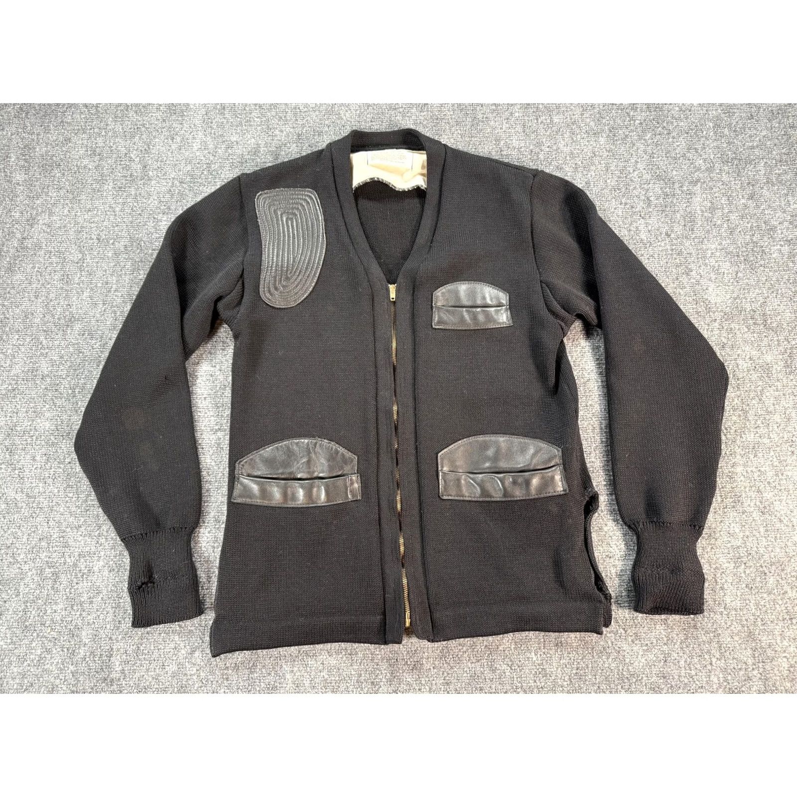 Vintage VINTAGE Skookum Sweater Mens 40 Black Wool Leather Shooting Pockets Zip 60s 70s Size US M / EU 48-50 / 2 - 2 Thumbnail