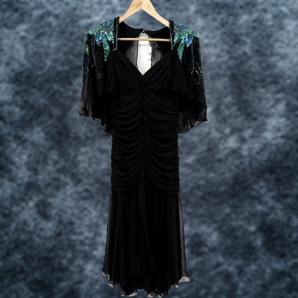 Casadei VINTAGE Casadei Dress Small Cocktail Fairy Grunge Sequin Glam Gala Capelet Draped Dress Black S Women Long Belted Caplet Flutter Sleeves Sequin Size S / US 4 / IT 40 - 1 Thumbnail