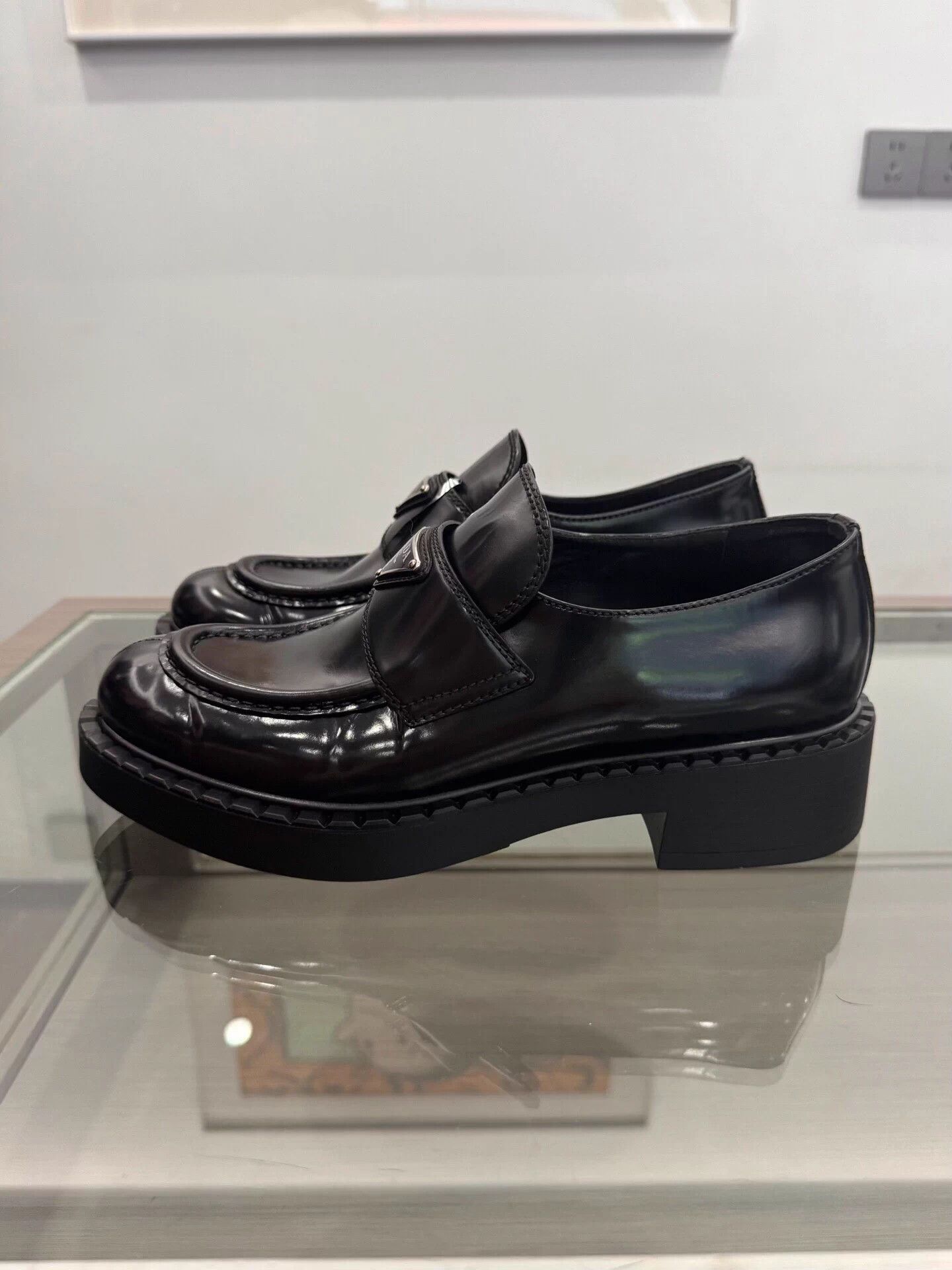 Prada Prada Women's Black Loafers 37.5 EU Silver Triangle Logo New Size US 6.5 / IT 36.5 - 4 Thumbnail