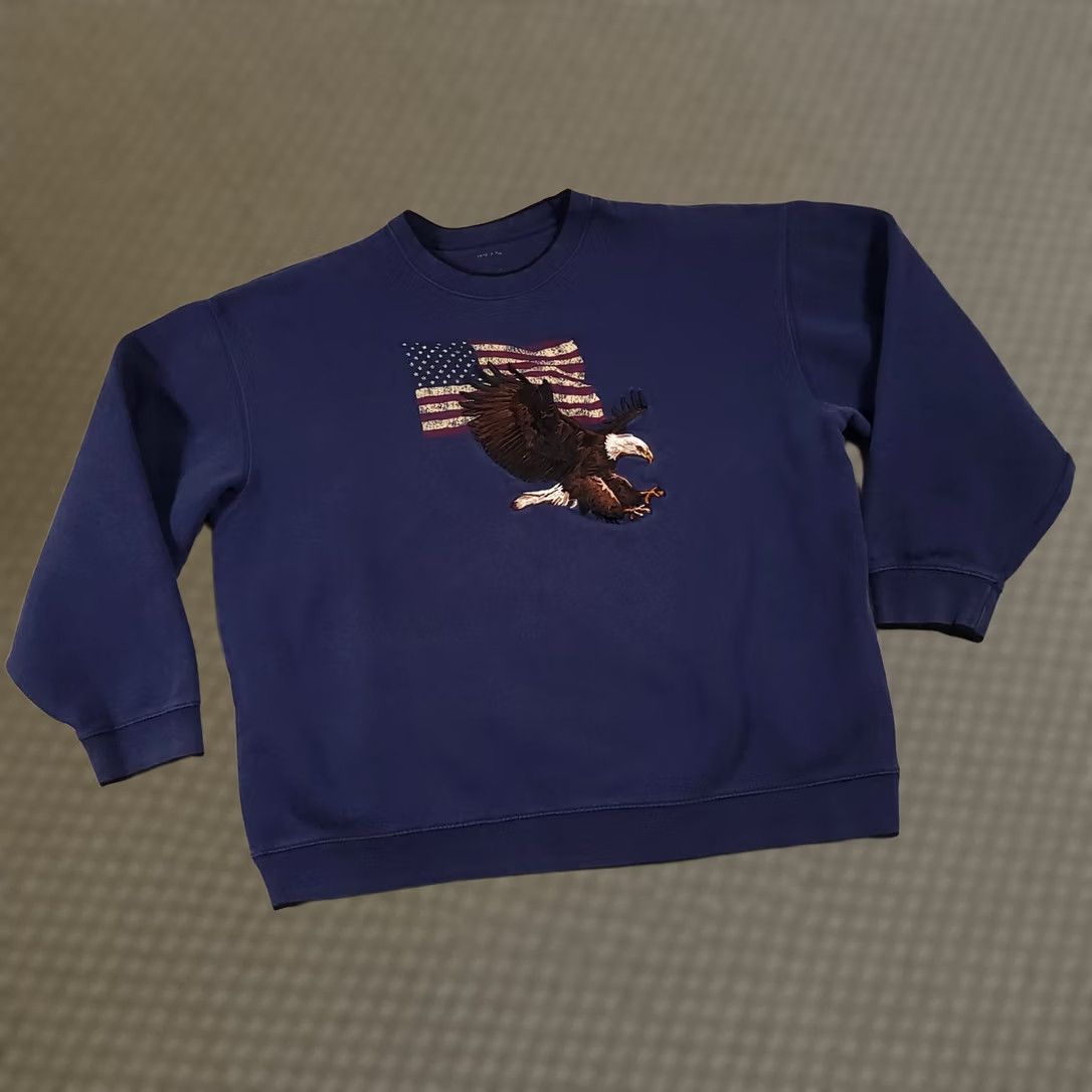Vintage VINTAGE American Eagle Flag Bald Eagle Sweatshirt Unisex Adults XL Blue Crewneck Patriotic USA Pullover Embroidered Size US XL / EU 56 / 4 - 1 Thumbnail