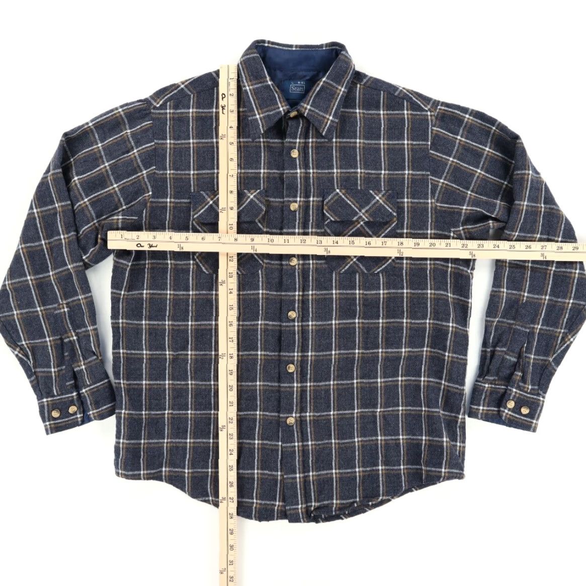 Sears VTG Sears Shirt Plaid Navy Blue 1970s Button Up Long Sleeve Men L Size US L / EU 52-54 / 3 - 3 Thumbnail