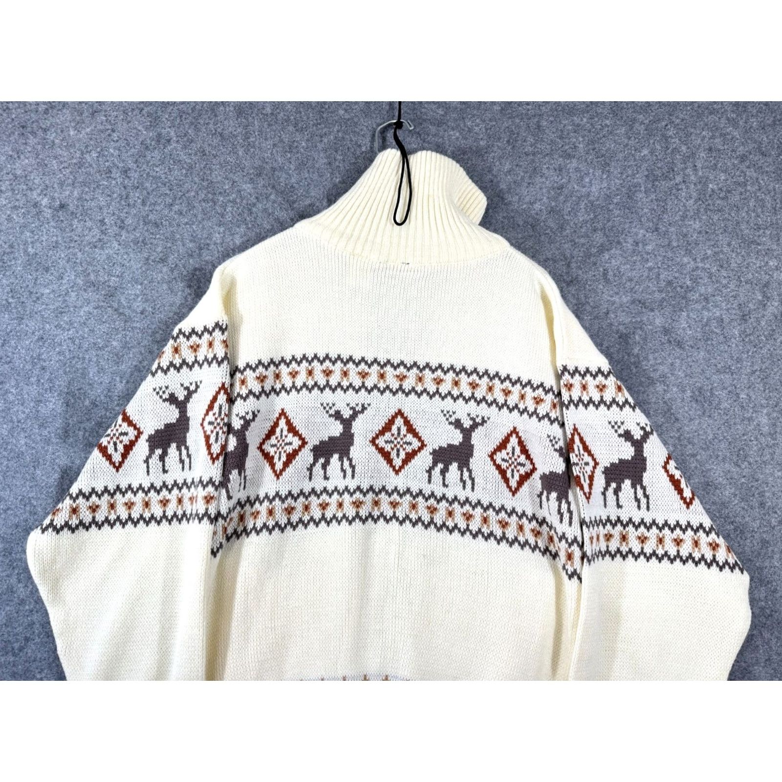 Vintage Scandia Woods Sweater Mens L Ivory Argyle Nordic Deer Mock Neck Full Zip NWOT Size US L / EU 52-54 / 3 - 7 Thumbnail