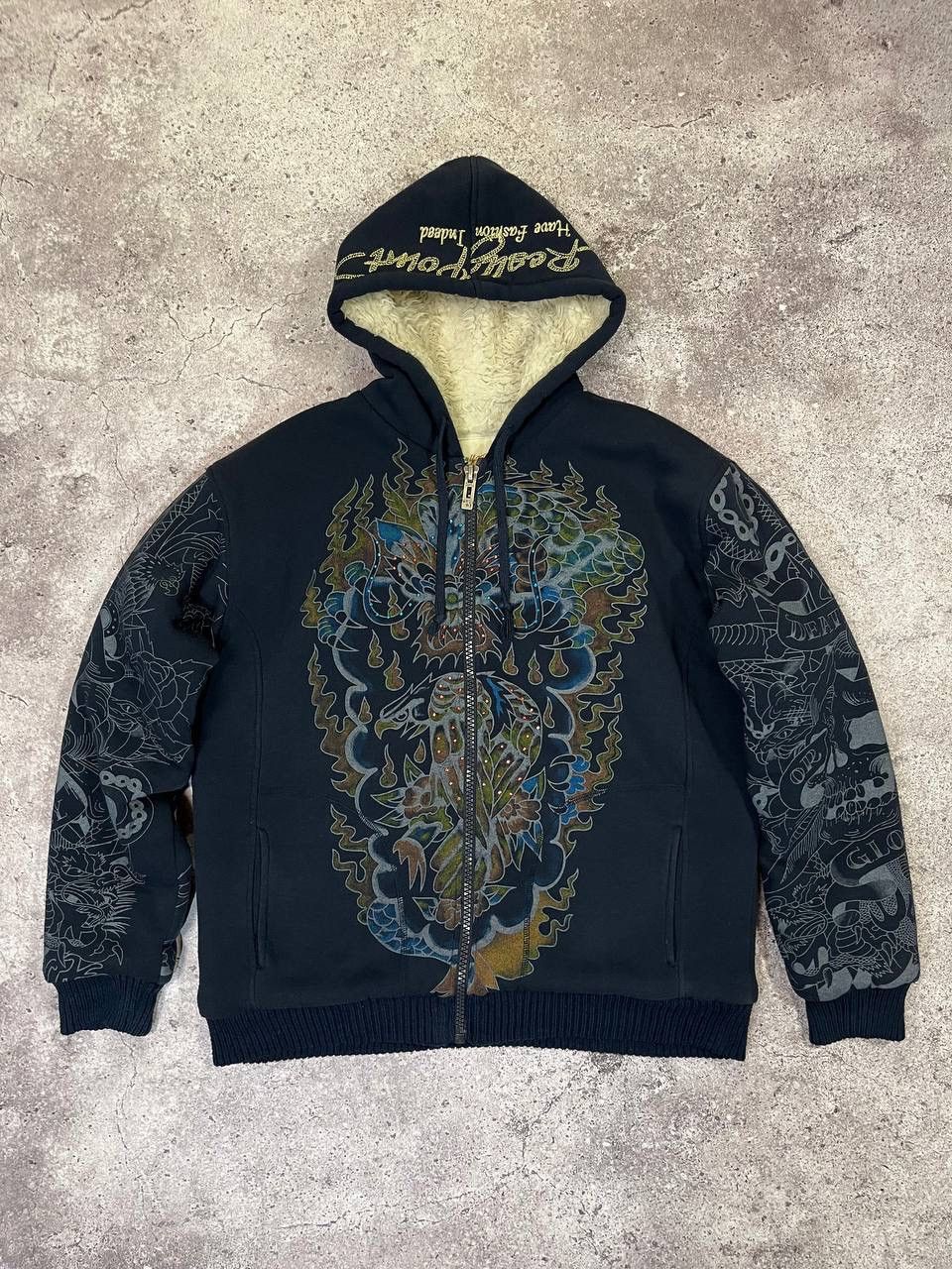 image of Really Point Like Ed Hardy Overprint Zip Hoodie Fur Drill in Navy, Men's (Size Large)