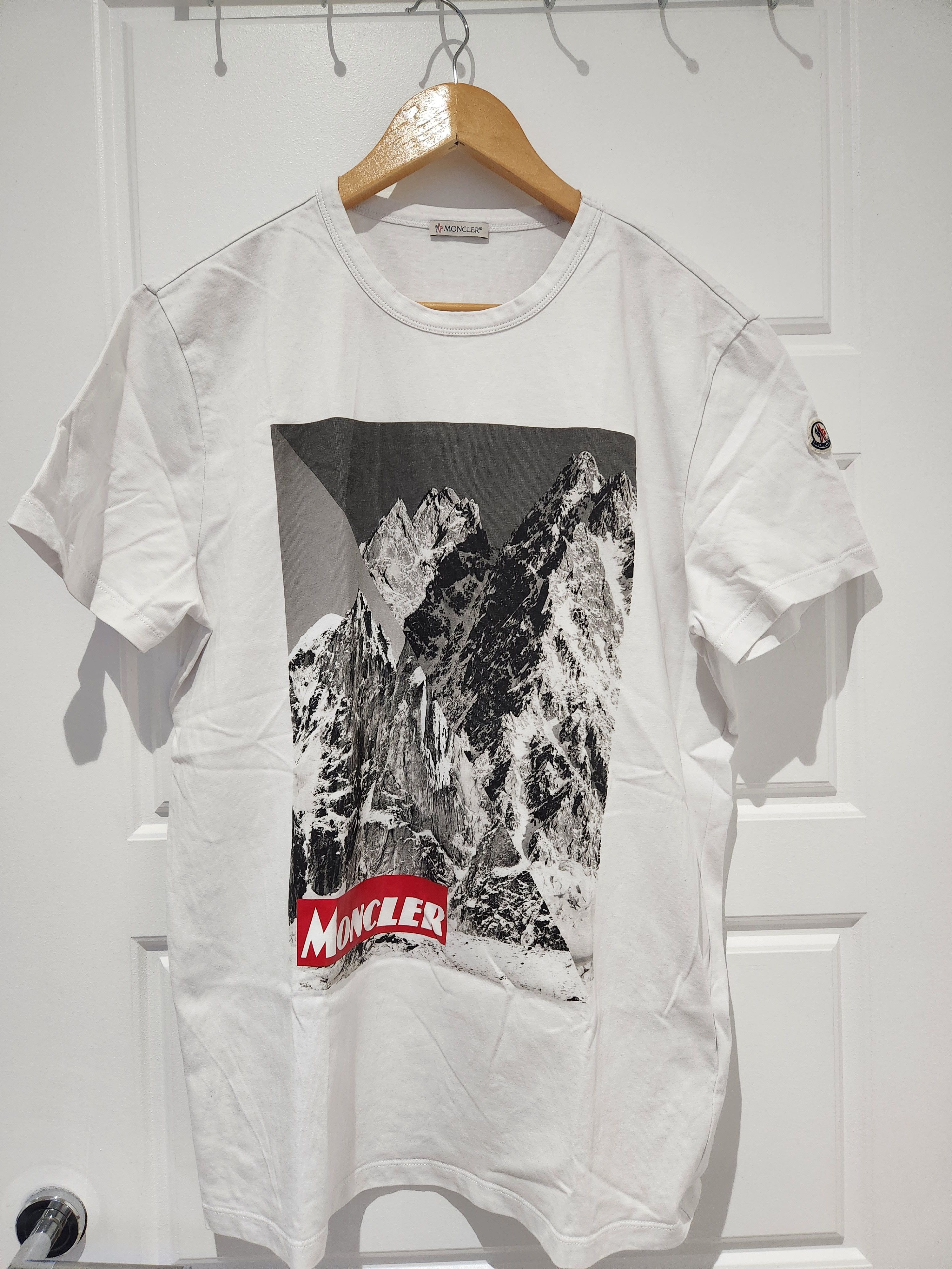 image of Moncler Mountain Print White T Shirt, Men's (Size XL)