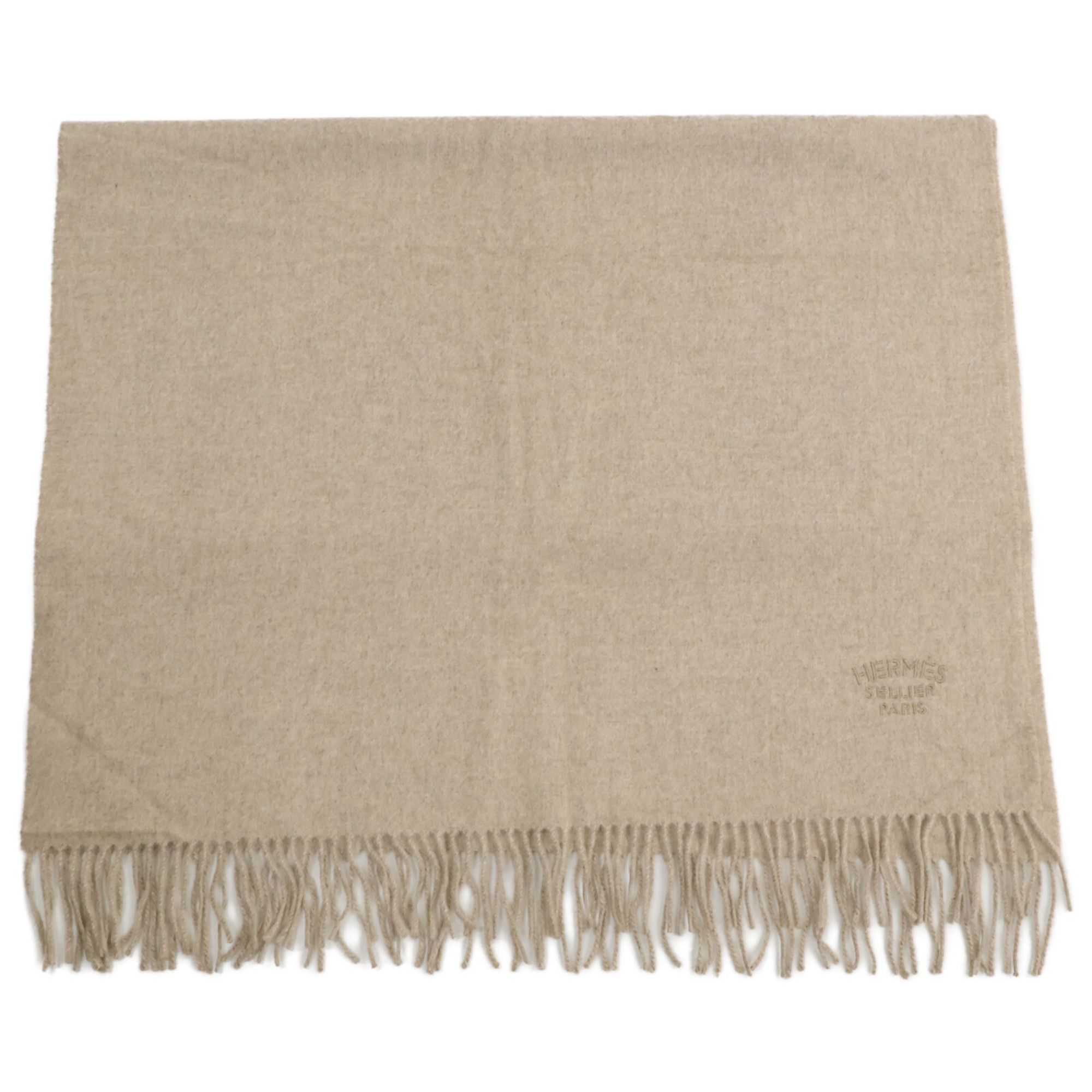 Hermes HERMES Logo Embroidered Cashmere Fringe Scarf Beige Women's Size ONE SIZE - 1 Thumbnail