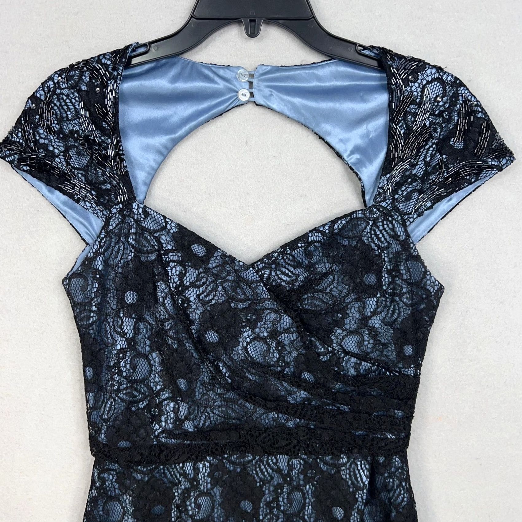 Vintage Patra Dress Womens 6 Black Lace Beaded Blue Satin Cocktail Party Cap Sleeve Size M / US 6-8 / IT 42-44 - 2 Thumbnail