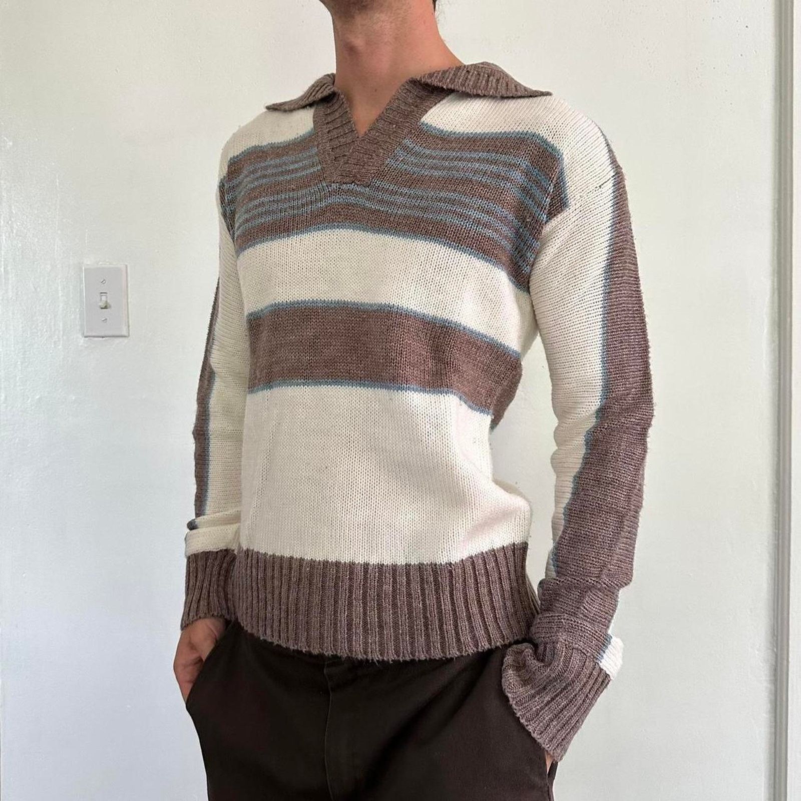 Vintage Vintage 70s Striped Collar Knit Sweater Longsleeve Pullover Size US M / EU 48-50 / 2 - 1 Thumbnail