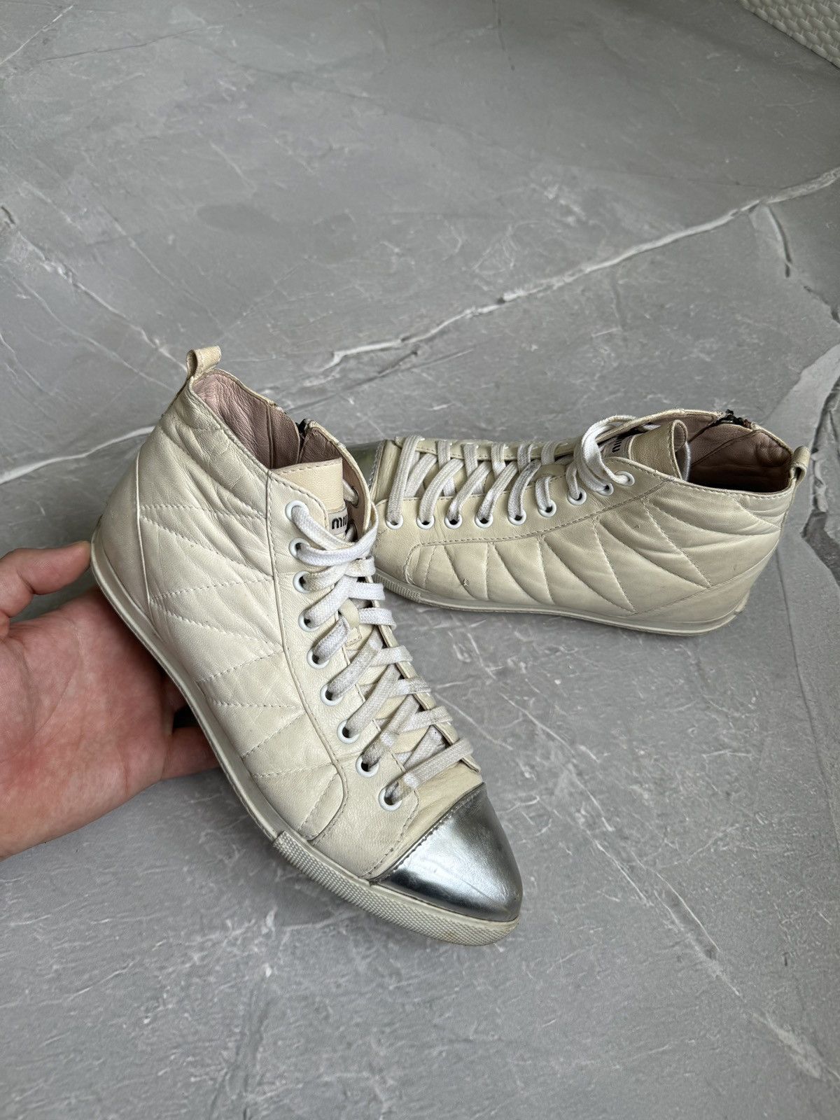 Miu Miu Miu Miu Hi Tip Sneakers Pointed Toe Leather Distressed Size US 6.5 / IT 36.5 - 2 Thumbnail