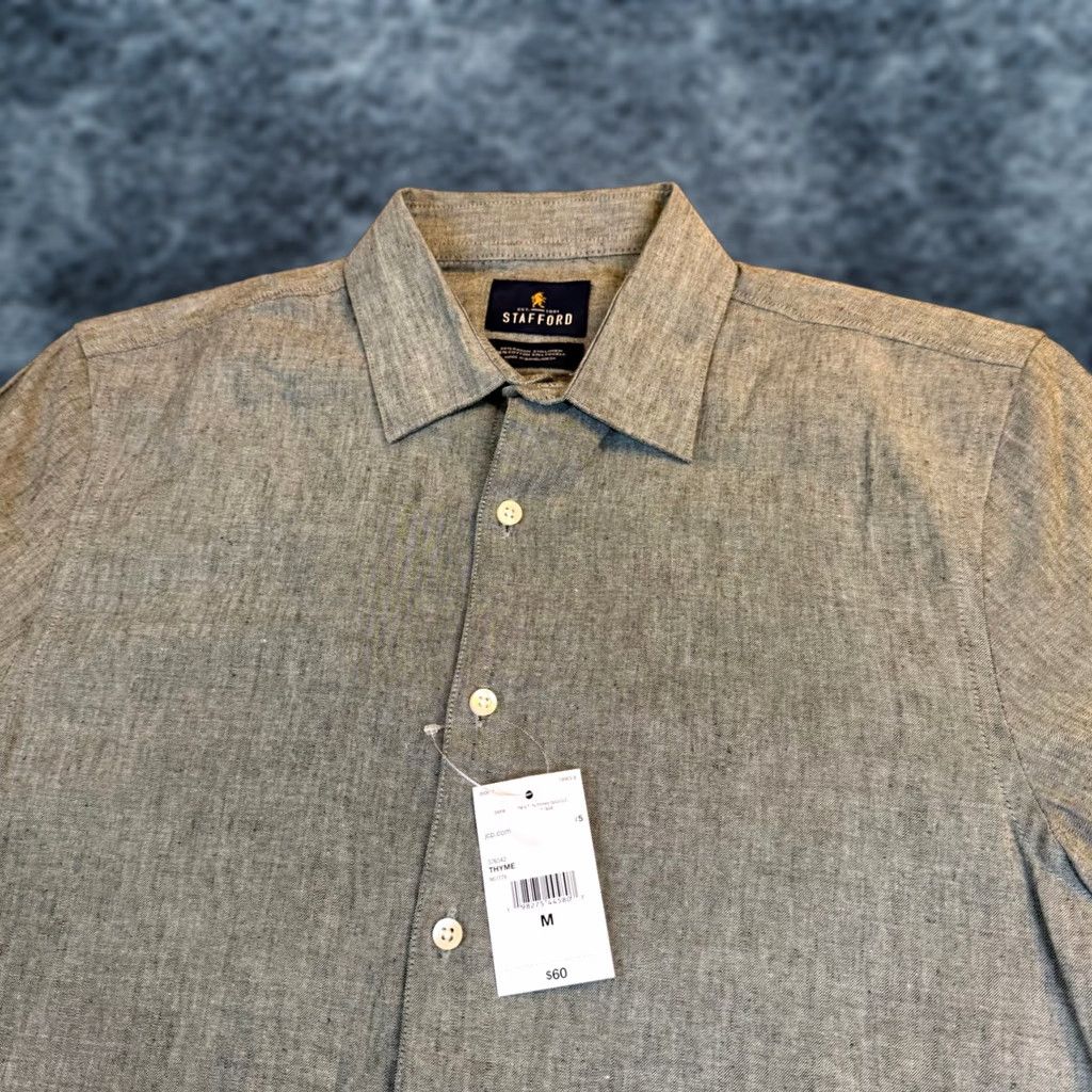 Stafford Stafford Button-Up Shirt Thyme Green Linen Blend Short Sleeve Mens M NWT Size US M / EU 48-50 / 2 - 1 Thumbnail
