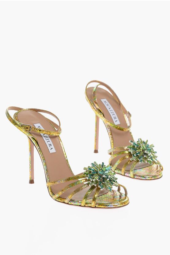 image of Aquazzura Snake Effect Metallic Leather Stardust Sandals With Jewels D in Green, Women's (Size 8)