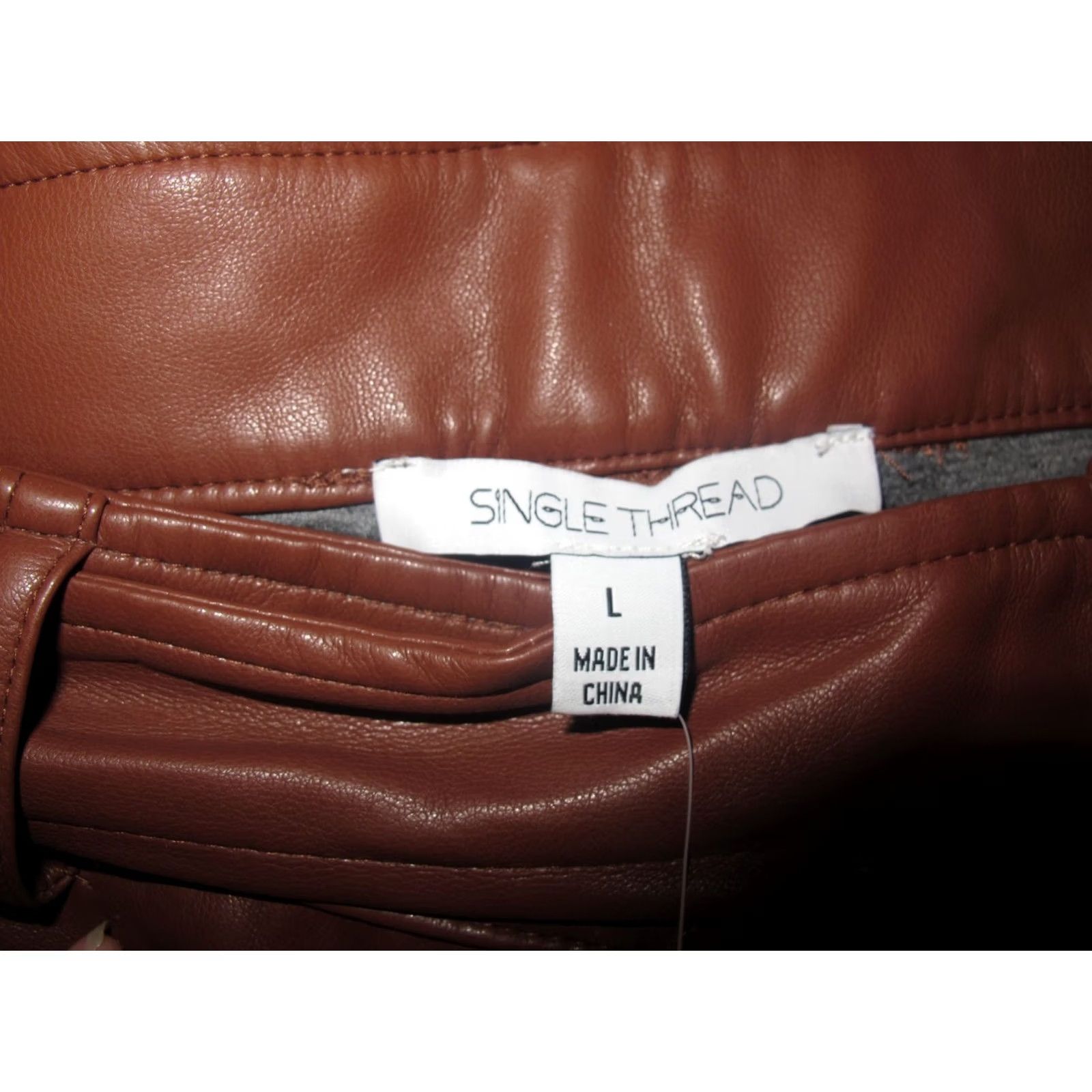 Vintage Single Thread Faux Leather Pants Women's L Brown 100% Polyurethane Belted Waist Ankle Straight Regular Fall Winter Spring Casual Womens Size 36" / US 14 / IT 50 - 5 Thumbnail