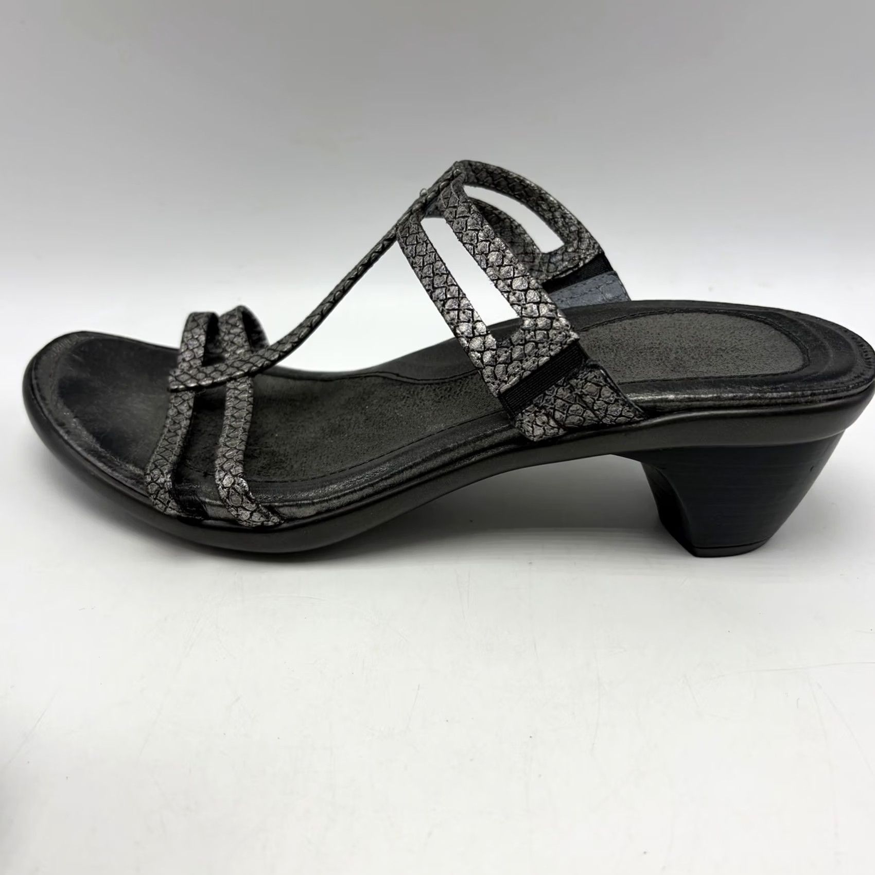 Vintage NAOT Loop Sandals Strappy Leather Pewter Snake Print 2" Heel Women 8 US 39 EU Silver Slide Slides Pewter Snake Print Leather NAOT Loop Womens Sandal Size US 8 / IT 38 - 2 Thumbnail