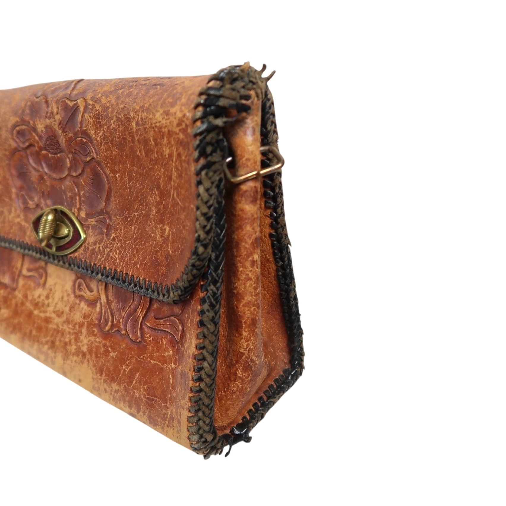 Vintage VINTAGE Brown Floral Embossed Leather Clutch Bag Purse Women Small 70s Bohemian Turn Lock Dining Casual Mens Womens Girls Size ONE SIZE - 3 Thumbnail