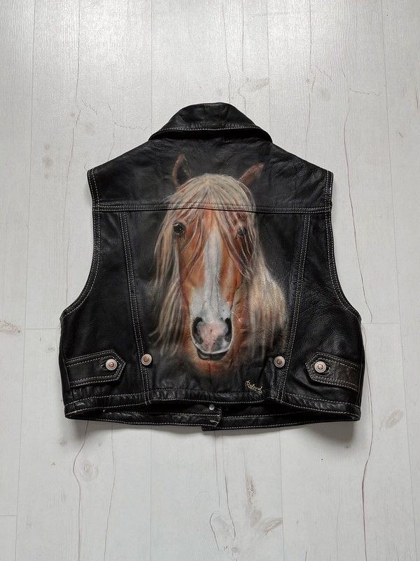 Vintage Falco Leather 90s Biker Vest Airbrush Art Horse by Roland Size S / US 4 / IT 40 - 1 Thumbnail