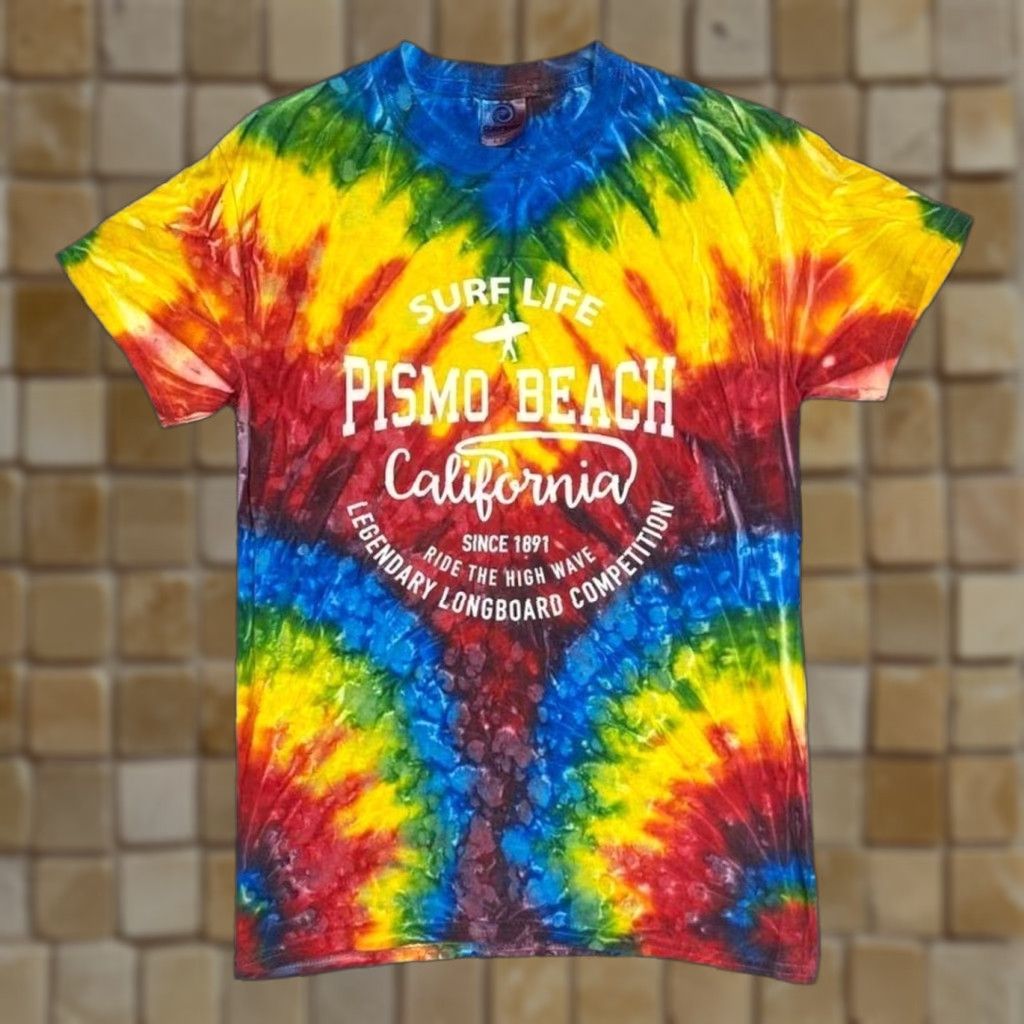 Vintage Pismo Beach California “Surf Life” Surfer Graphic Rainbow Tie Dye T-Shirt Small Mens Regular Cotton Multi Colour Tie Dye Graphic Print Surfer Logo Size US S / EU 44-46 / 1 - 1 Thumbnail