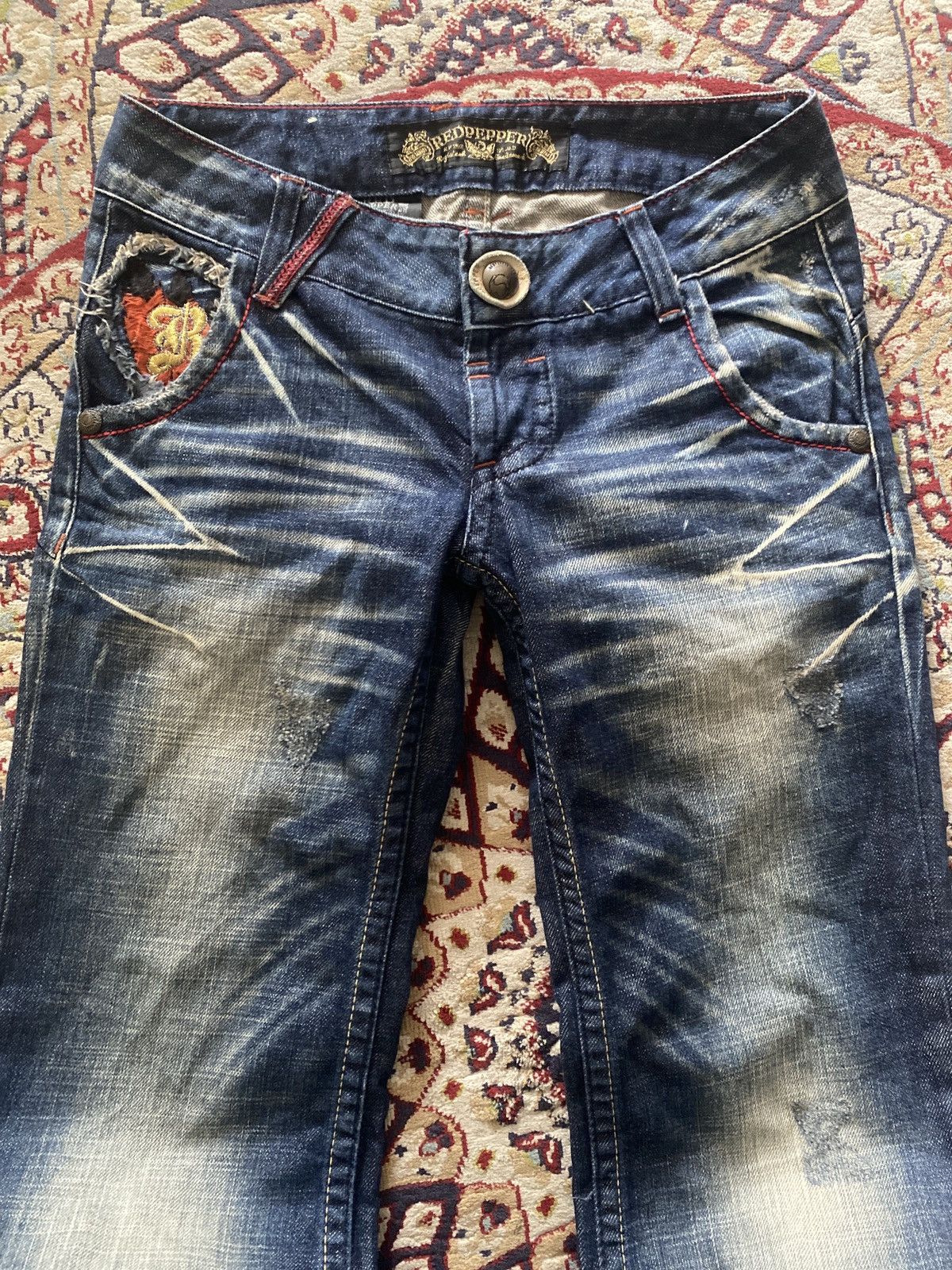 Ed Hardy × In The Attic Red Pepper Embroidered Pocket Flared Denim Jeans Size US 27 - 9 Thumbnail
