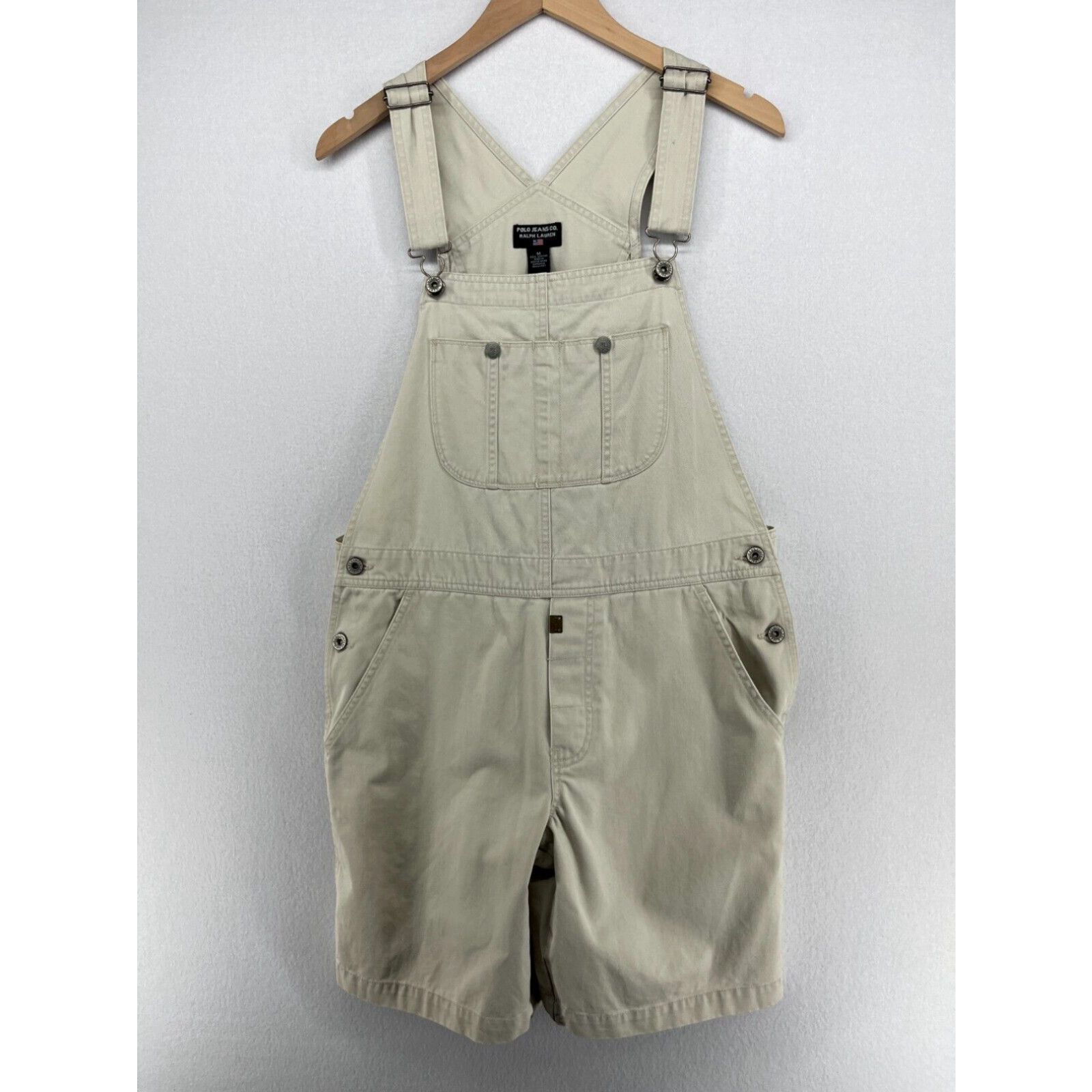 image of Polo Ralph Lauren Polo Jeans Ralph Laurent Overall Womens M Carpenter Bib Shorts Cotton Twill Beige