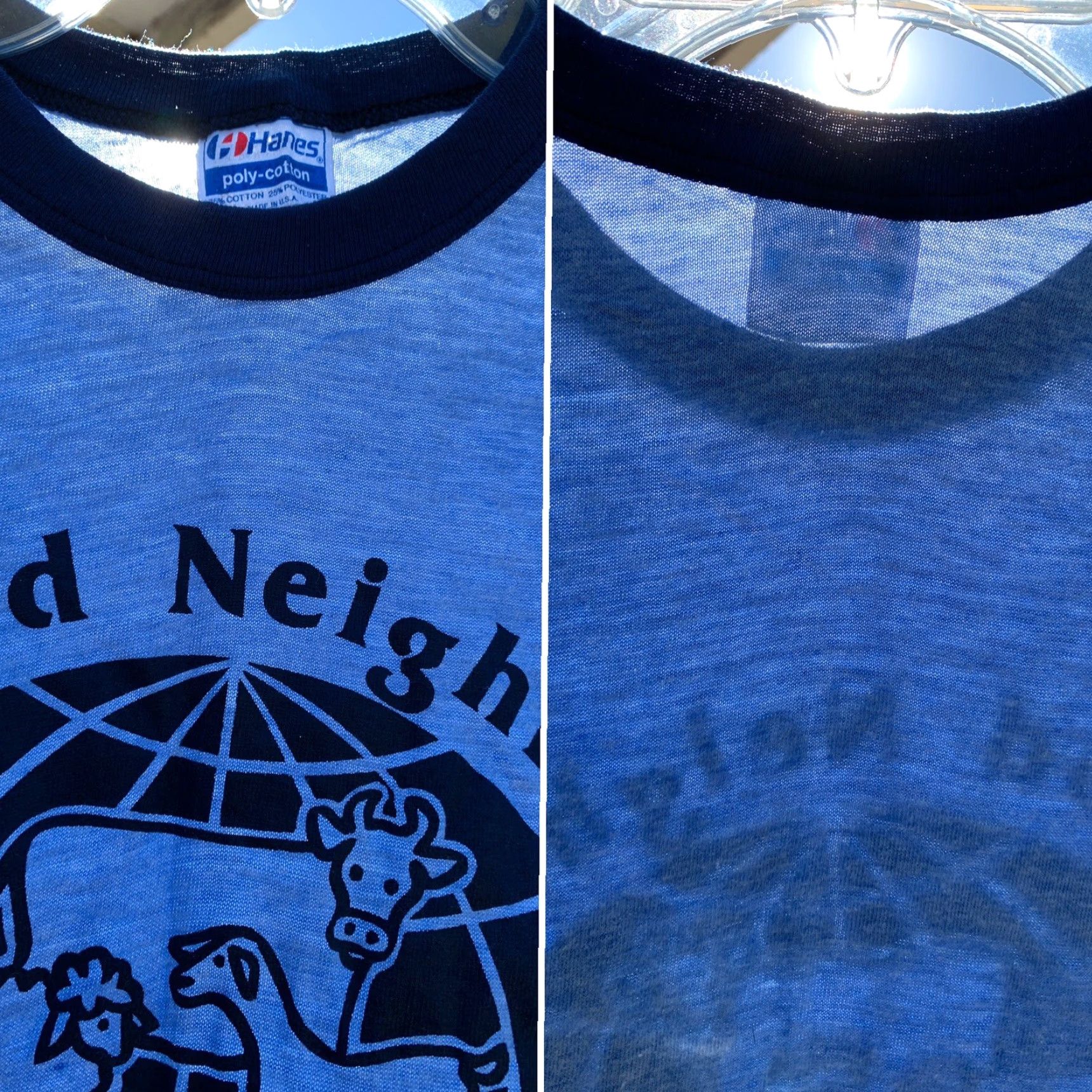 Hanes VINTAGE Heifer Project International Ringer T Shirt M Men Blue 1980s Hanes Poly/Cotton Graphic Tee Size US M / EU 48-50 / 2 - 4 Thumbnail