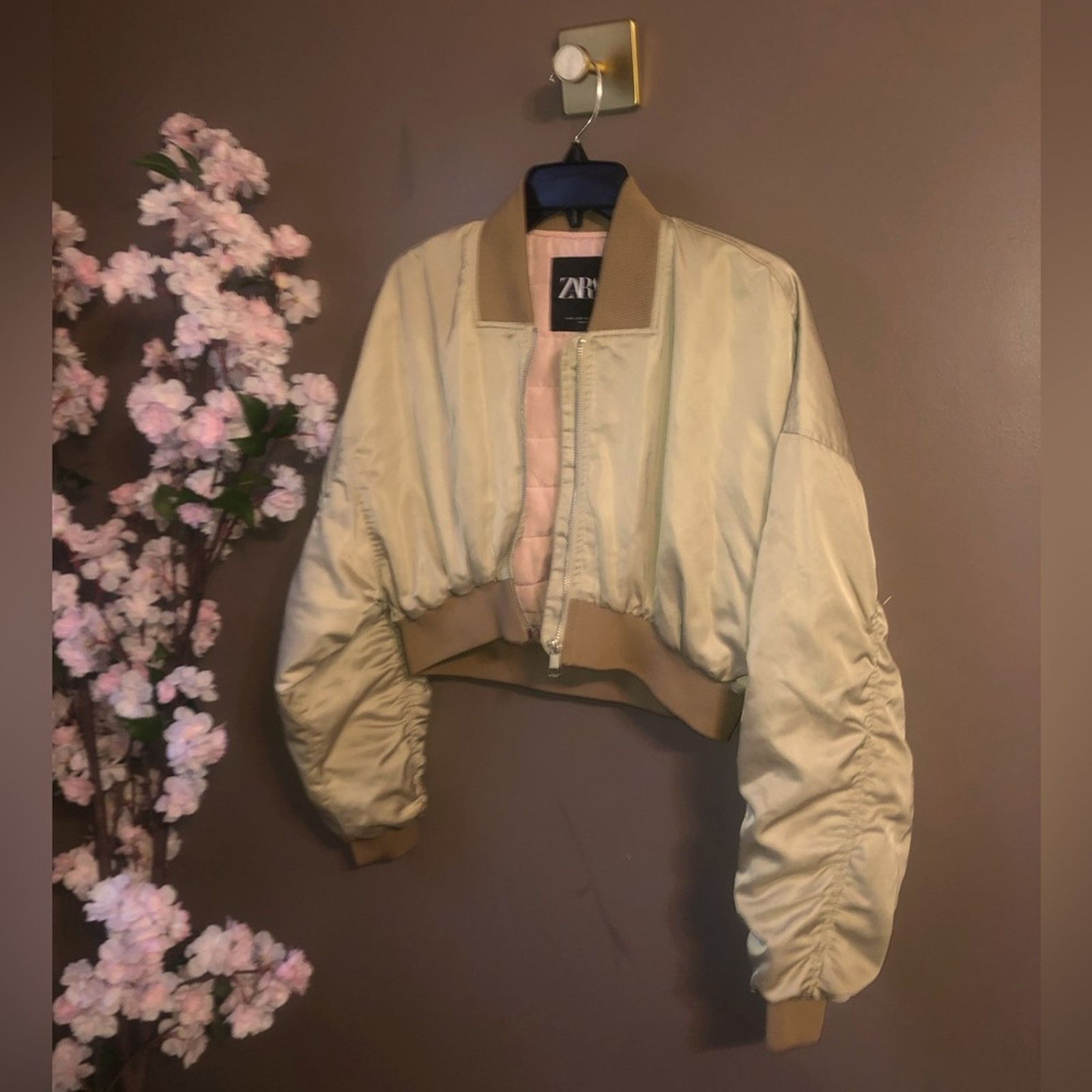 Zara Cropped bomber jacket Gold and pink puffed sleeve. Grailed