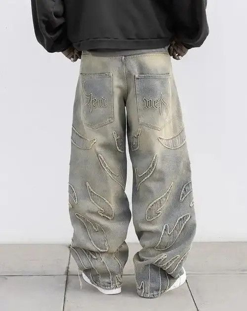 Designer Retro Raw Edge Embroidery Baggy Jeans Size US 29 - 2 Thumbnail
