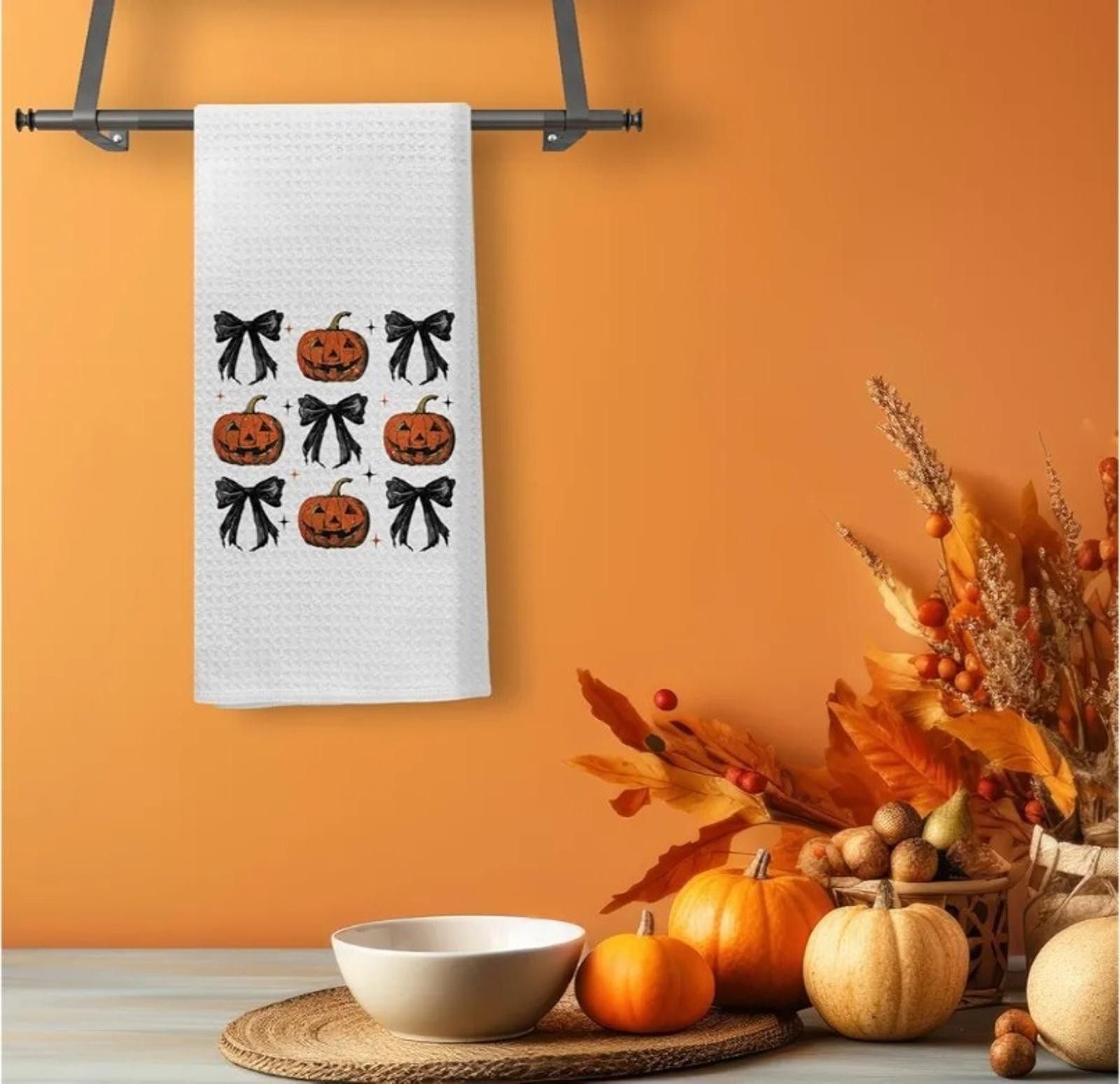 Other Halloween Kitchen Hand Towels Black Pumpkin & Coquette Bow Size ONE SIZE - 4 Thumbnail
