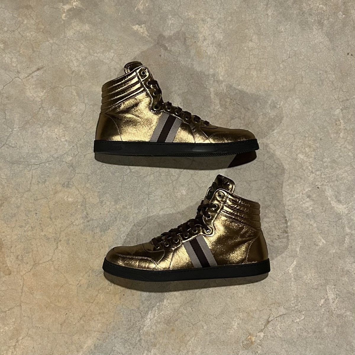Designer × Gucci Gucci Nappa Silk Metallic Gold Web Stripe High Top Sneakers Size US 13 / EU 46 - 4 Thumbnail