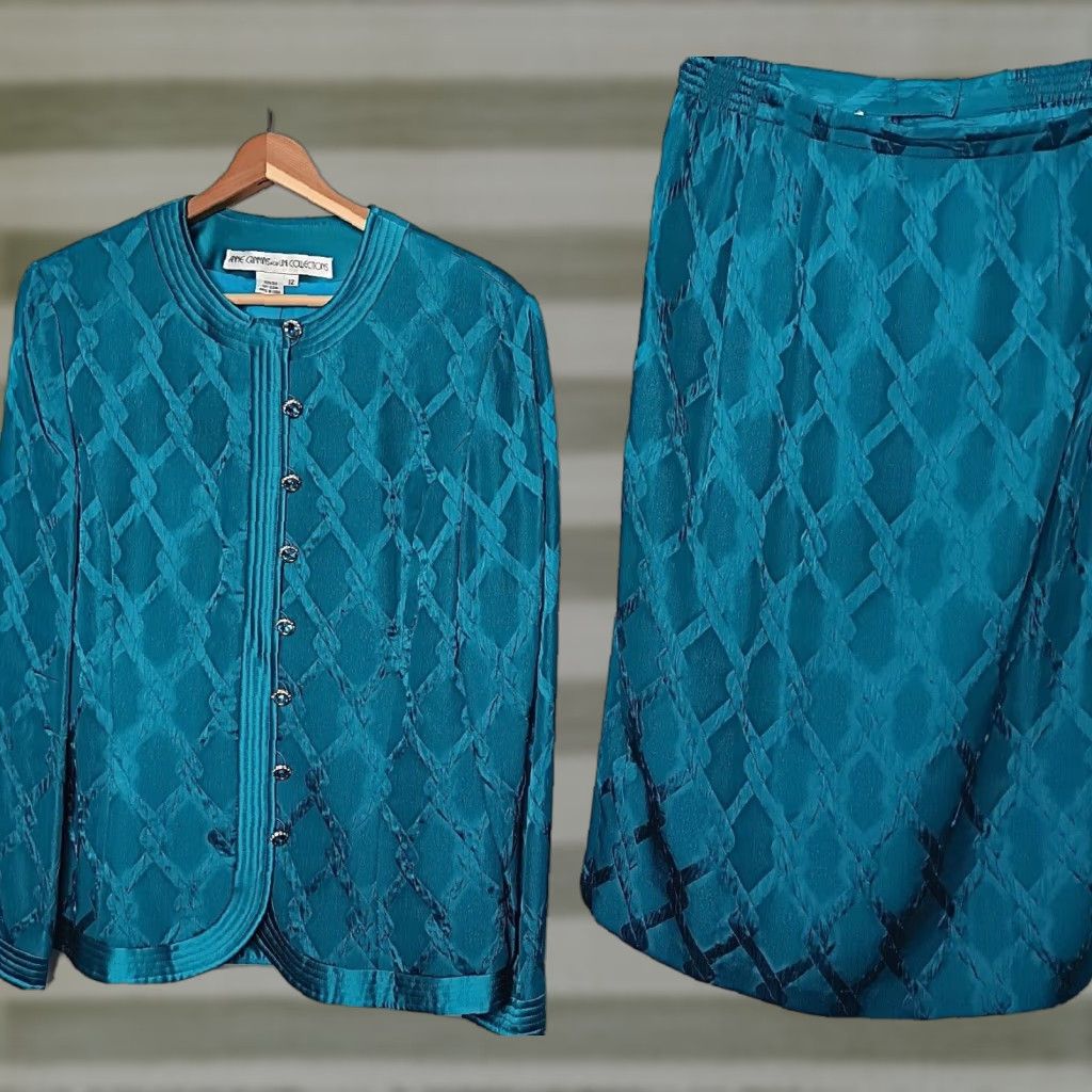 Vintage VINTAGE Anne Crimmins Umi Collections Skirt Suit Teal Silk 2 Piece Set Jacket, Skirt Womens Size 34" / US 12 / IT 48 - 1 Thumbnail