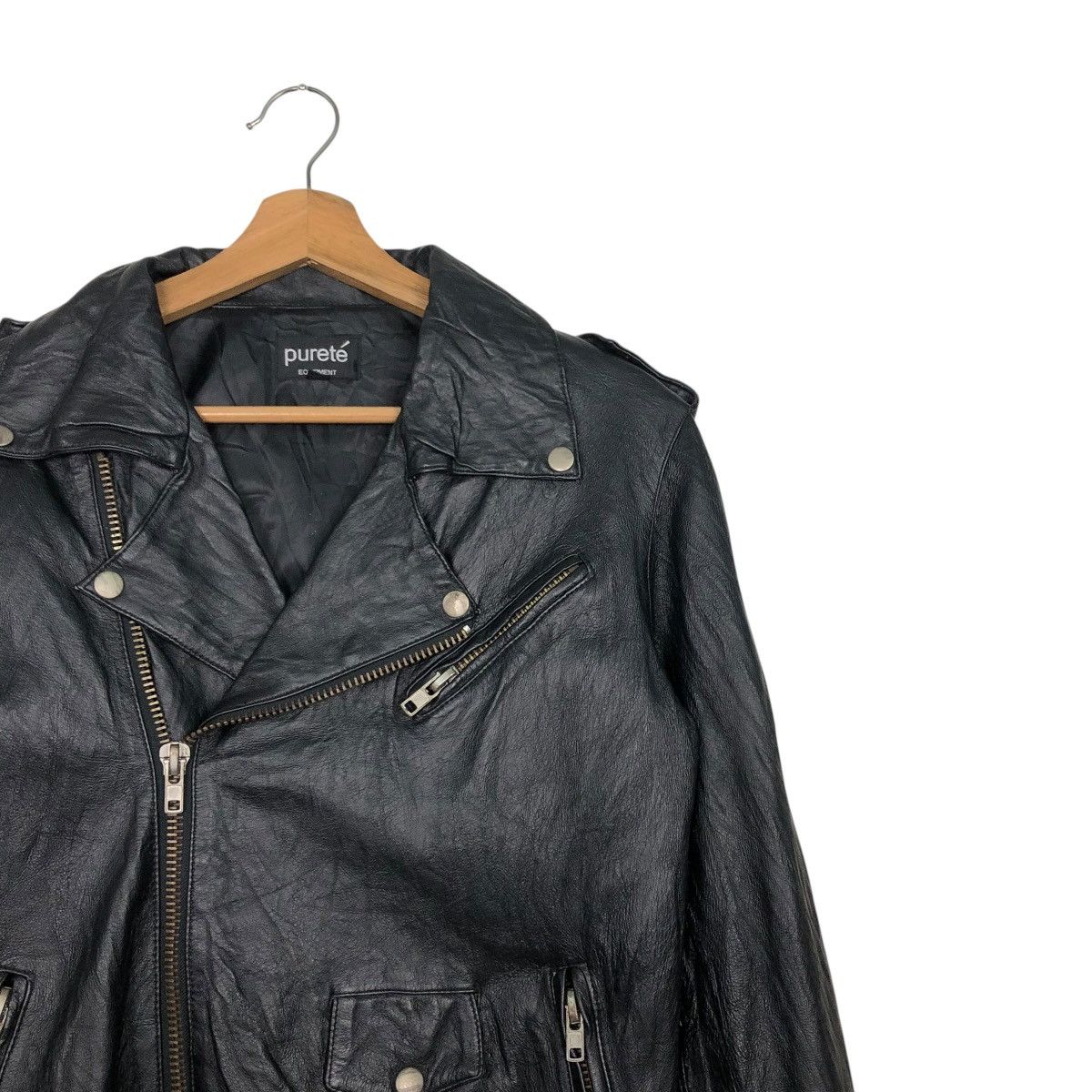Japanese Brand 🔥VINTAGE BIKER LEATHER JACKET DOUBLE COLLAR PURETE Size US S / EU 44-46 / 1 - 8 Thumbnail