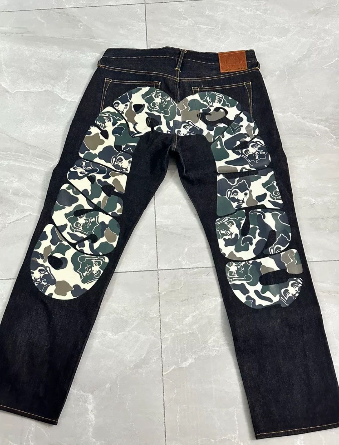 image of Evisu Japanese Raw Denim Bape Camo Daicock Baggy Y2K Jeans, Men's (Size 36)