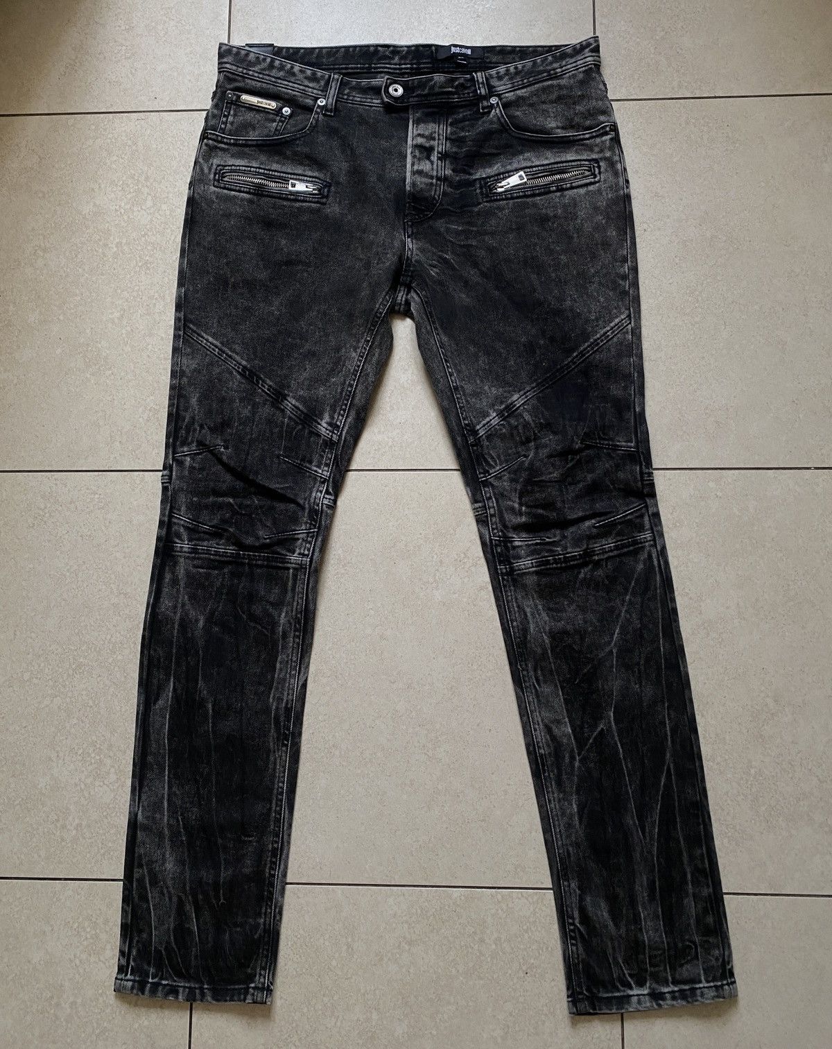 Just Cavalli Charcoal Acid Wash Moto Biker Skinny Jeans y2k