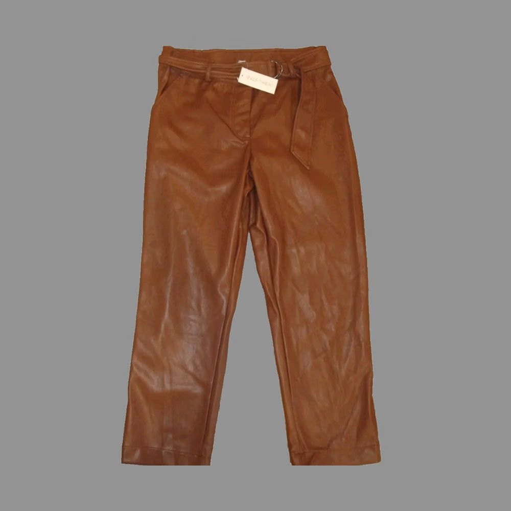 Vintage Single Thread Faux Leather Pants Women's L Brown 100% Polyurethane Belted Waist Ankle Straight Regular Fall Winter Spring Casual Womens Size 36" / US 14 / IT 50 - 1 Thumbnail