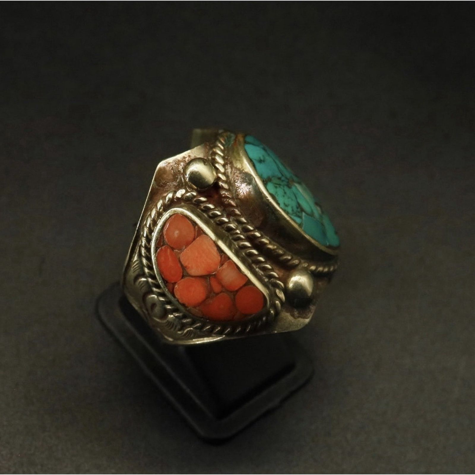 Other Antique Old Turquoise & Coral Handmade Tibetan Ring Size 11 Size ONE SIZE - 2 Thumbnail