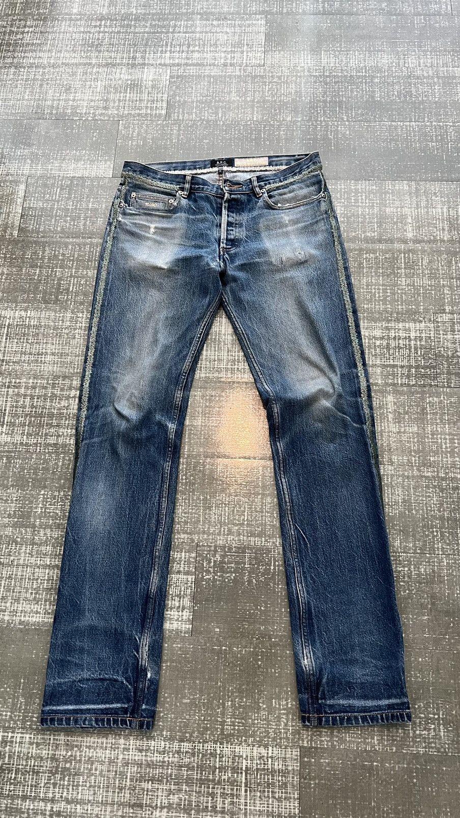 image of A P C Distressed Stripe Denim in Blue, Men's (Size 31)