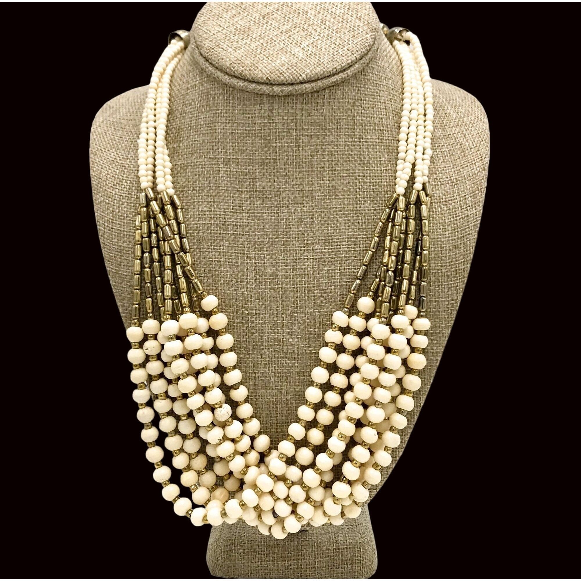 image of Vintage Bone Beaded Multi-Strand Necklace Bohemian Tribal in Ivory, Women's