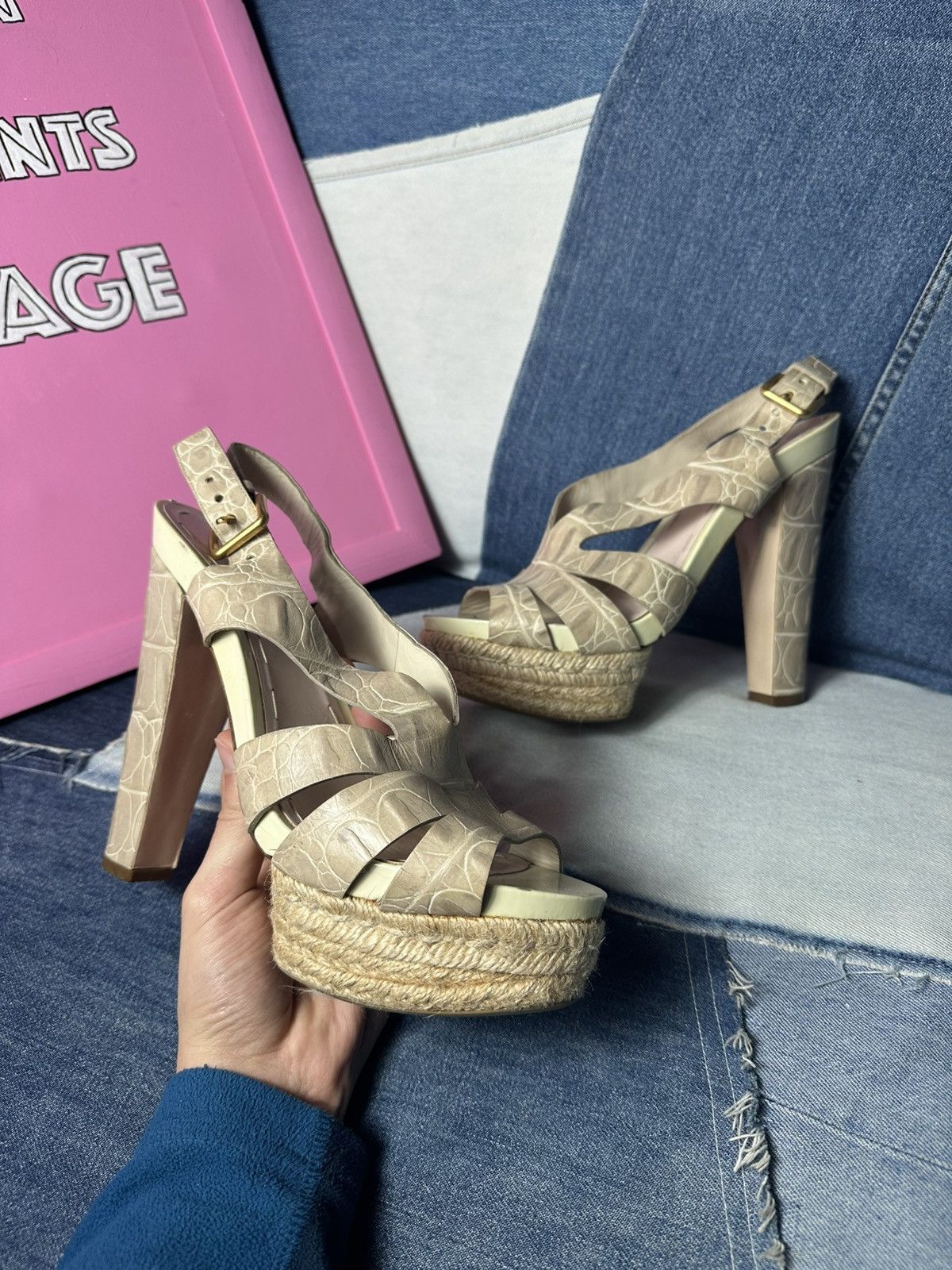 Miu Miu Miu Miu Sandals Open Toe Heels Strappy Platform Beige Size US 8 / IT 38 - 7 Thumbnail