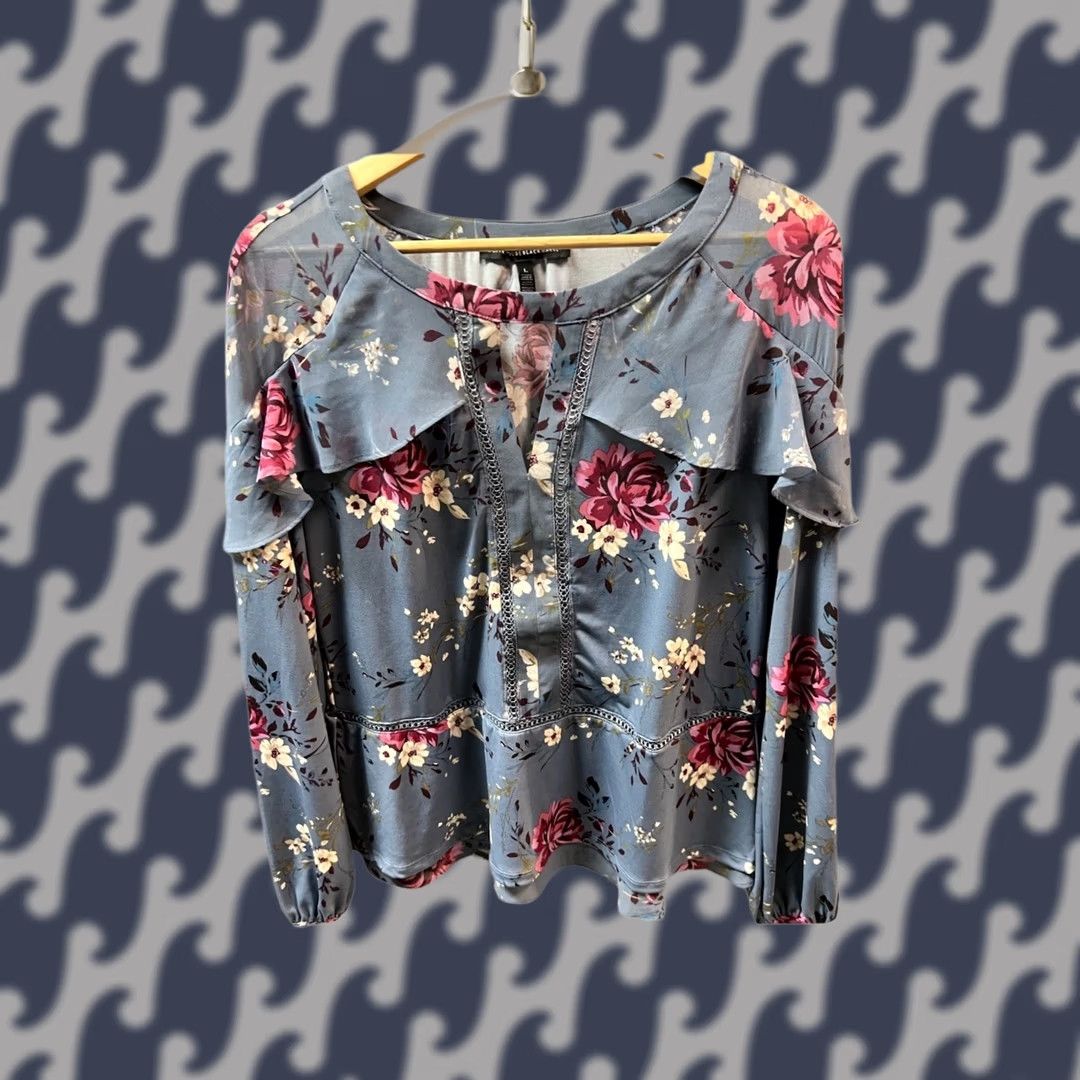 White House Black Market VINTAGE Romantic Soft Blue Floral Boho Blouse Feminine White House Black Market Large Size L / US 10 / IT 46 - 1 Thumbnail
