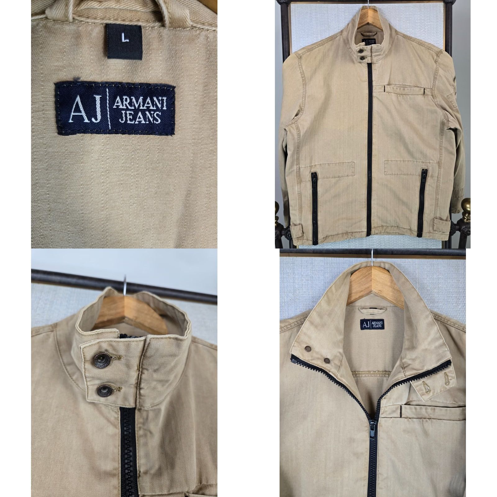 Vintage Armani Jeans Mens Trucker Jacket Full Zip Cotton Khaki Beige Large Size Casual, 100% Cotton, Stand-Up Collar, Pockets, Breathable, Regular Fit Size US 33 - 9 Thumbnail