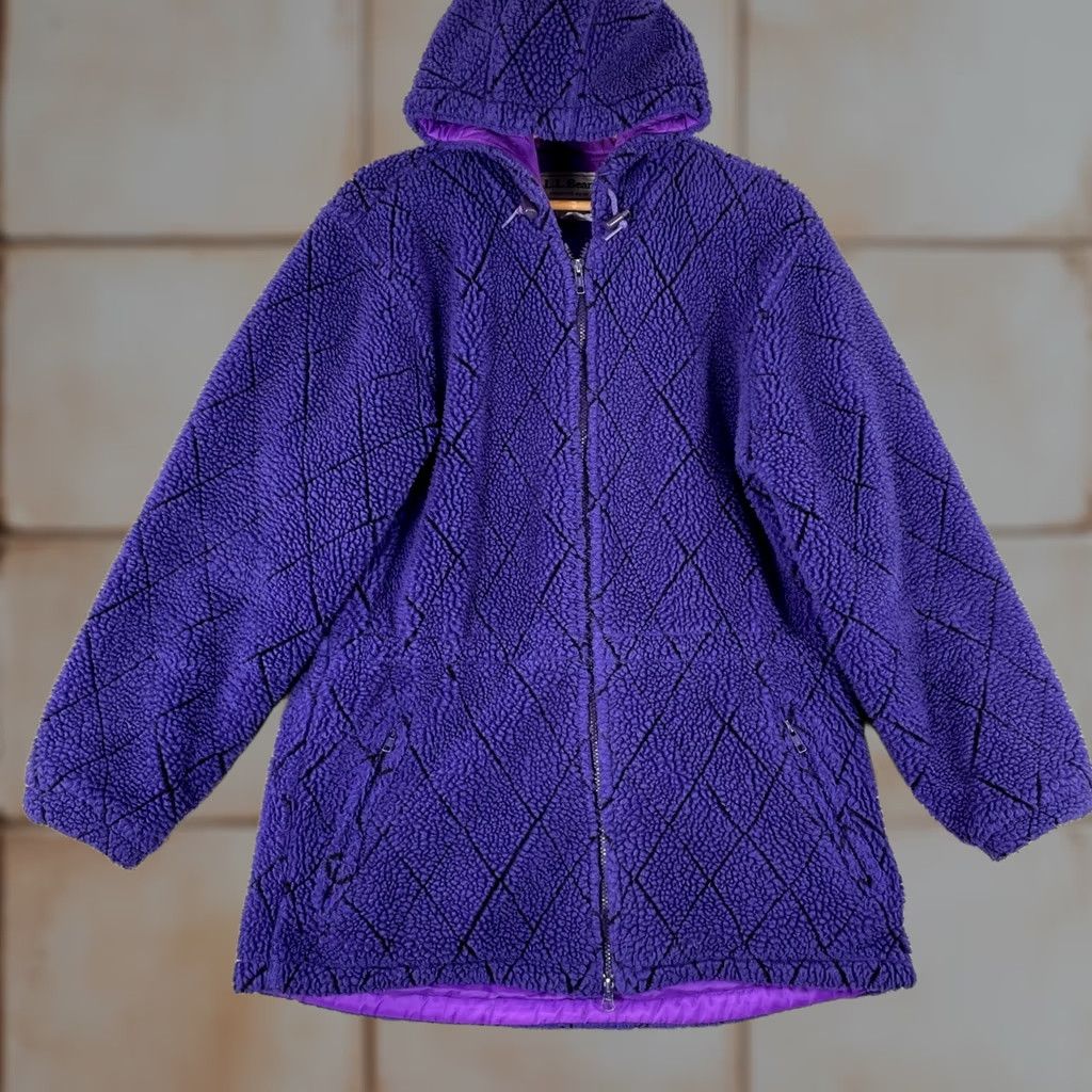Vintage Vintage L.L. Bean Fleece Jacket - Womens Medium Purple Diamond Quilt Hooded Coat Size M / US 6-8 / IT 42-44 - 1 Thumbnail