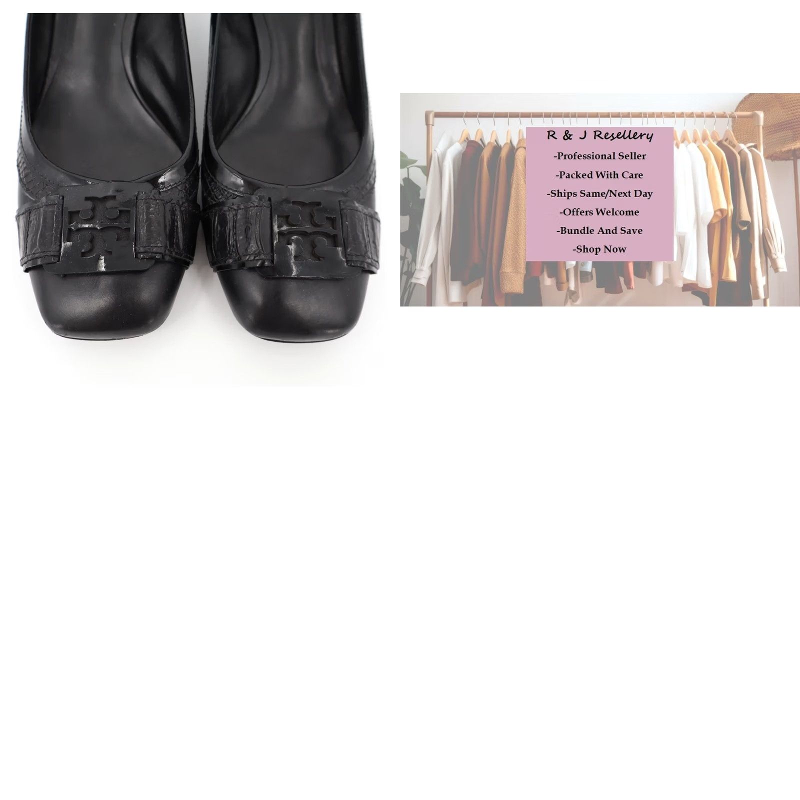 Tory Burch Tory Burch Black Logo Leather Pump Sz 8M Block Heel Square Toe Casual Office Heel Type: Heel Size US 8 / IT 38 - 8 Thumbnail