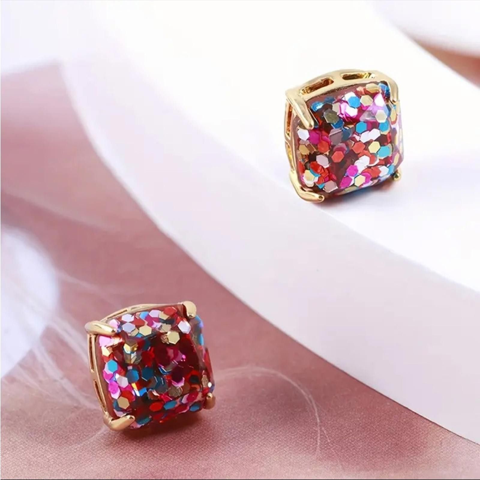 Designer Confetti Glitter Stud Earrings Gold Toned Multicolored Size ONE SIZE - 3 Thumbnail