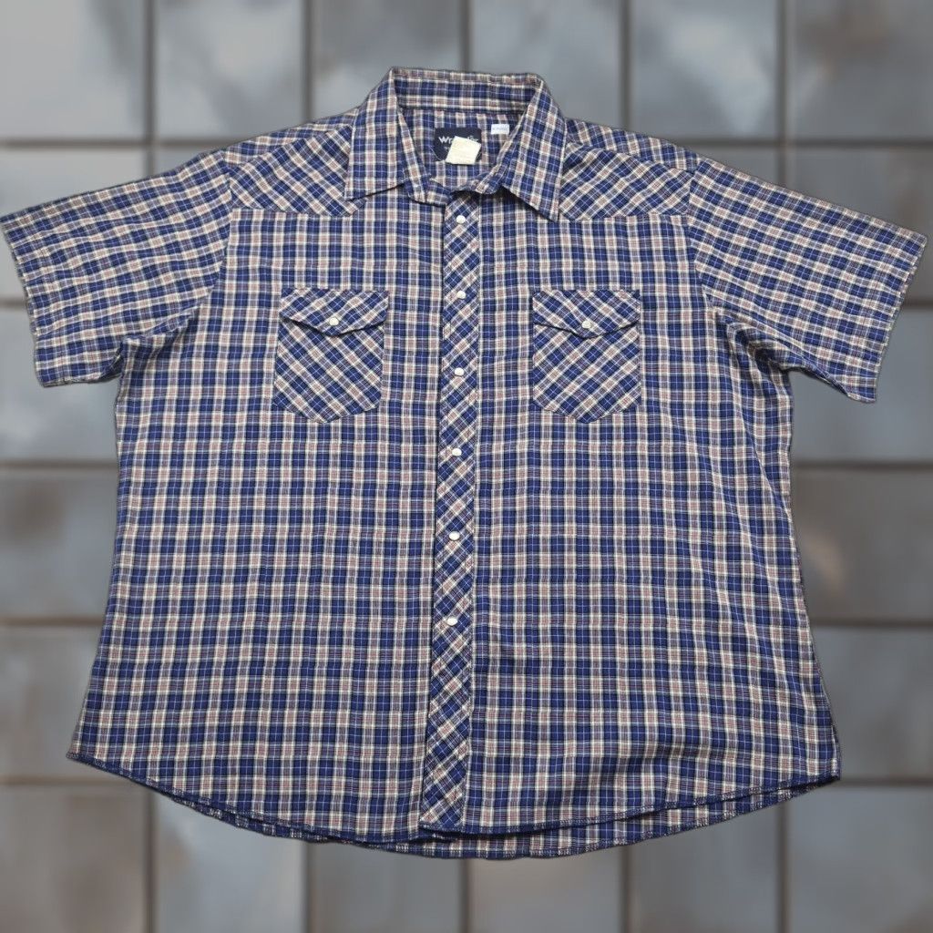 Wrangler VTG Wrangler Pearl Snap Shirt Mens XL Blue Plaid Short Sleeve Western Cowboy Shirt XL Mens Blue Plaid Pearl Snap Western Shirt Size US XL / EU 56 / 4 - 1 Thumbnail