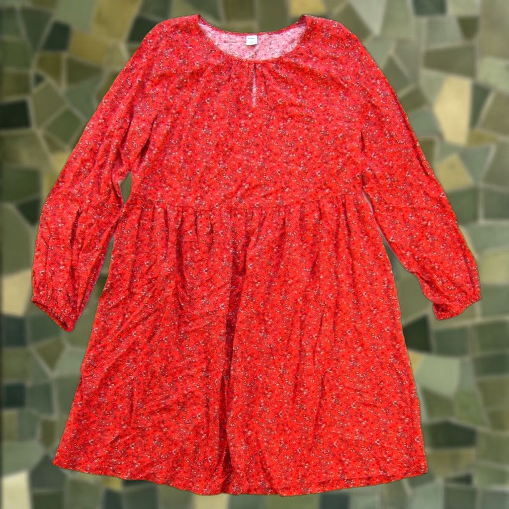 Old Navy Old Navy Floral Long Sleeve Tunic Dress Small Red Rayon Fit & Flare Smock Dress Size S / US 4 / IT 40 - 1 Thumbnail