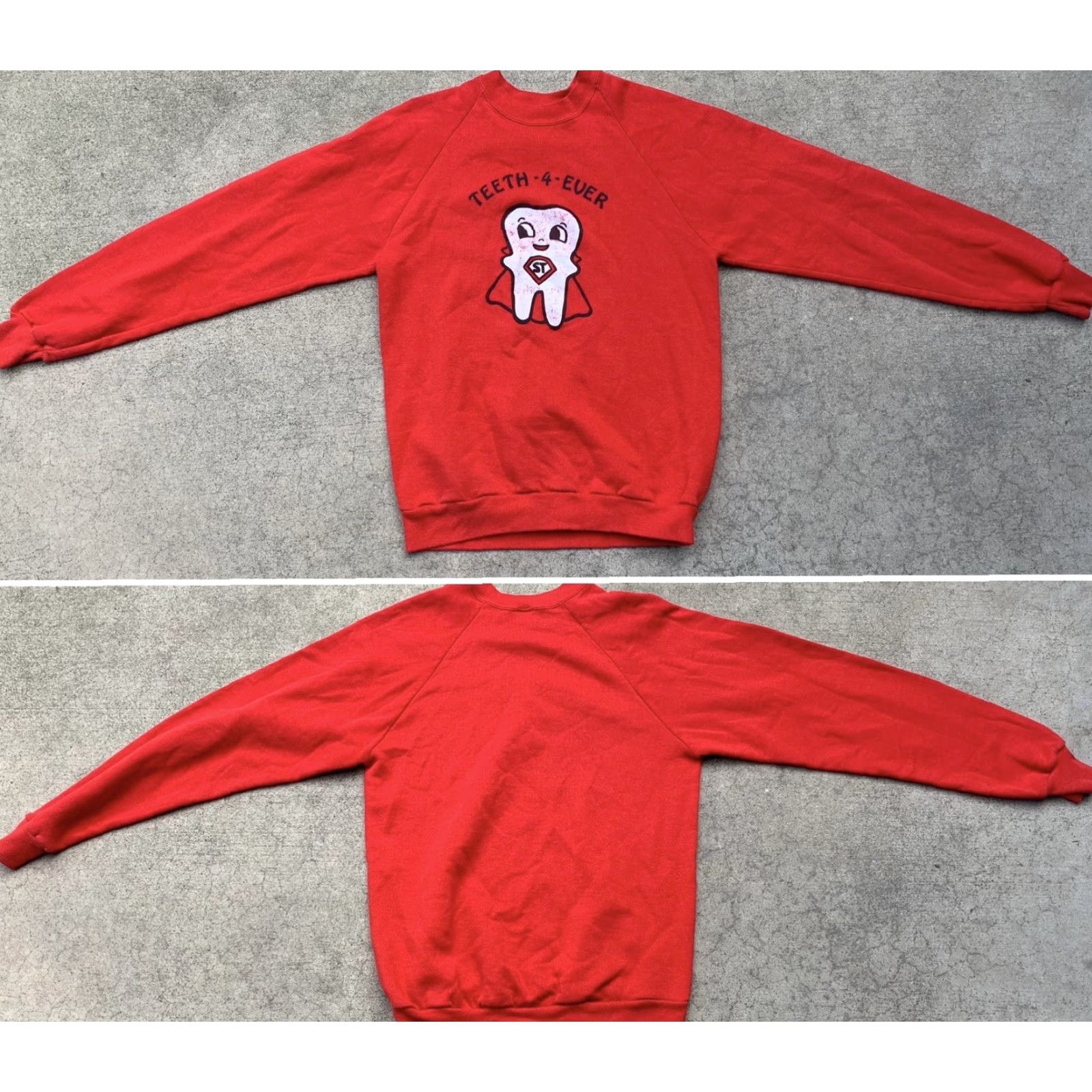 Jerzees VINTAGE Jerzees BY Russell ST Super Tooth Raglan Sweatshirt Men L Red 1980s 80s Teeth-4-Ever Graphic Print Pullover Crew Neck Long Sleeve Sweatshirt Size US L / EU 52-54 / 3 - 6 Thumbnail