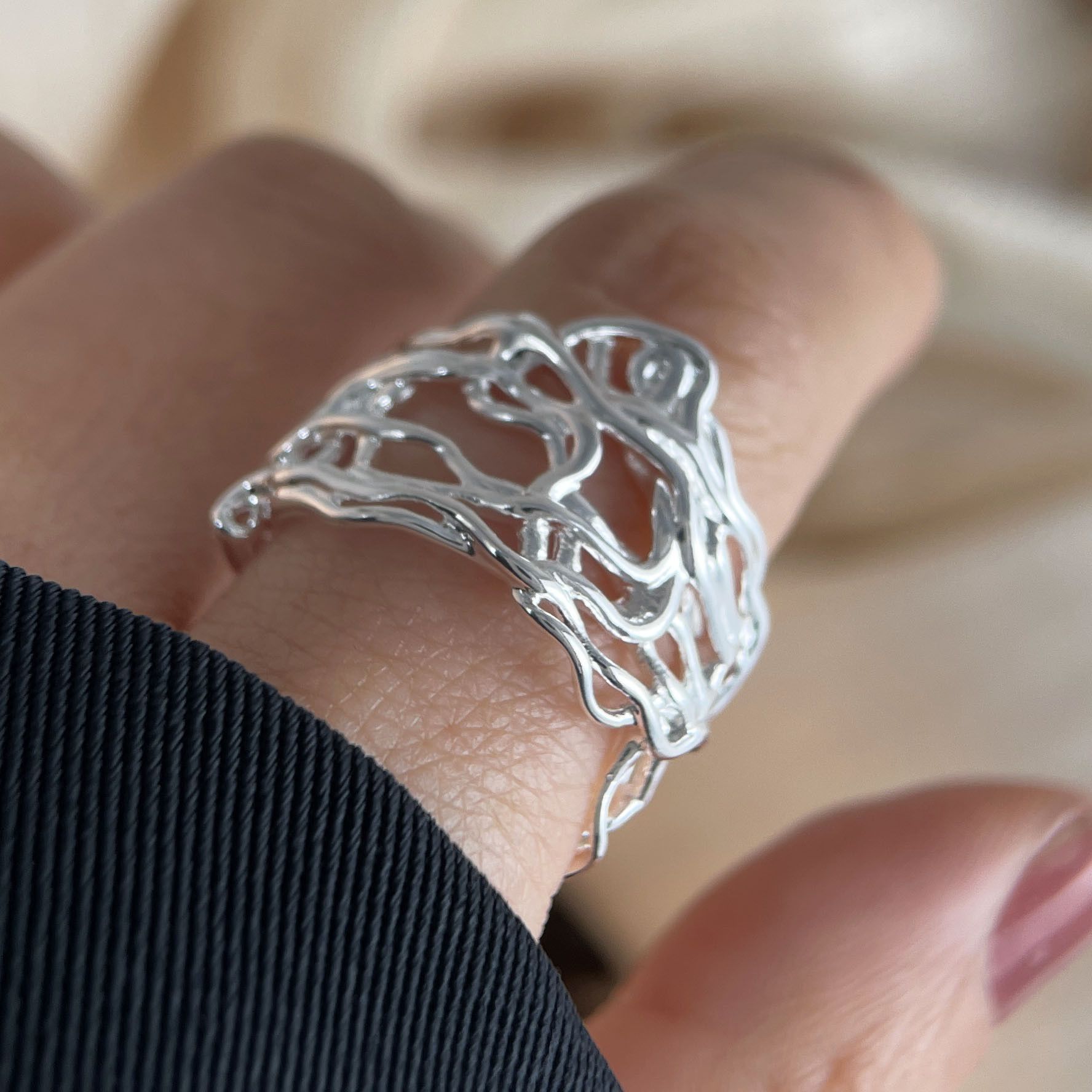Jewelry × Sterling Silver Resizable 925 Sterling Silver Snake Web Minimalist Ring Size ONE SIZE - 3 Thumbnail