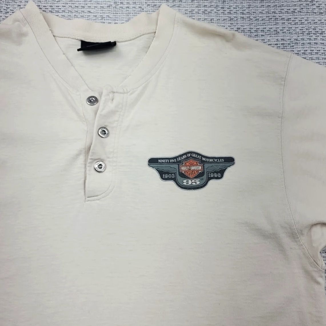 Harley Davidson VINTAGE Harley-Davidson Henley Shirt Mens 2XL T-shirt 1990s Motorcycle Biker Ivory Short Sleeve 95 Years 1995 Mens Size US XXL / EU 58 / 5 - 7 Thumbnail