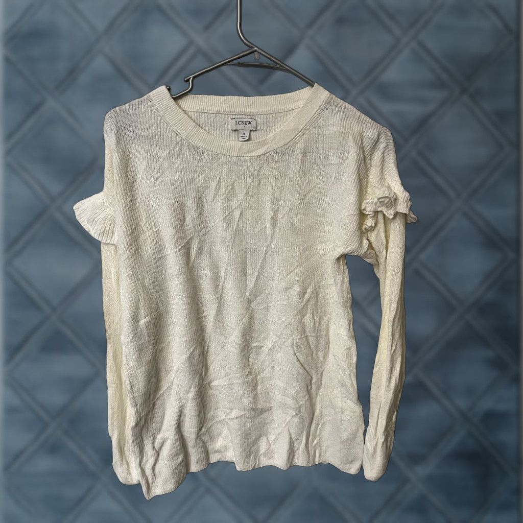 J.Crew J CREW Sweater Small White Cotton Ruffle-Sleeve Classic-Fit BE114 Womens Size S / US 4 / IT 40 - 1 Thumbnail
